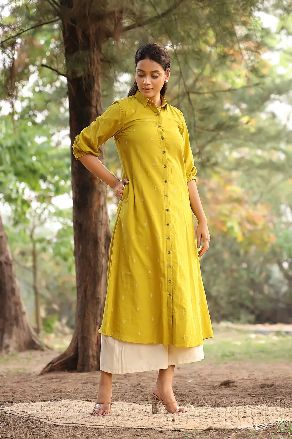 Lemon Woven Pure Cotton Kurta Set