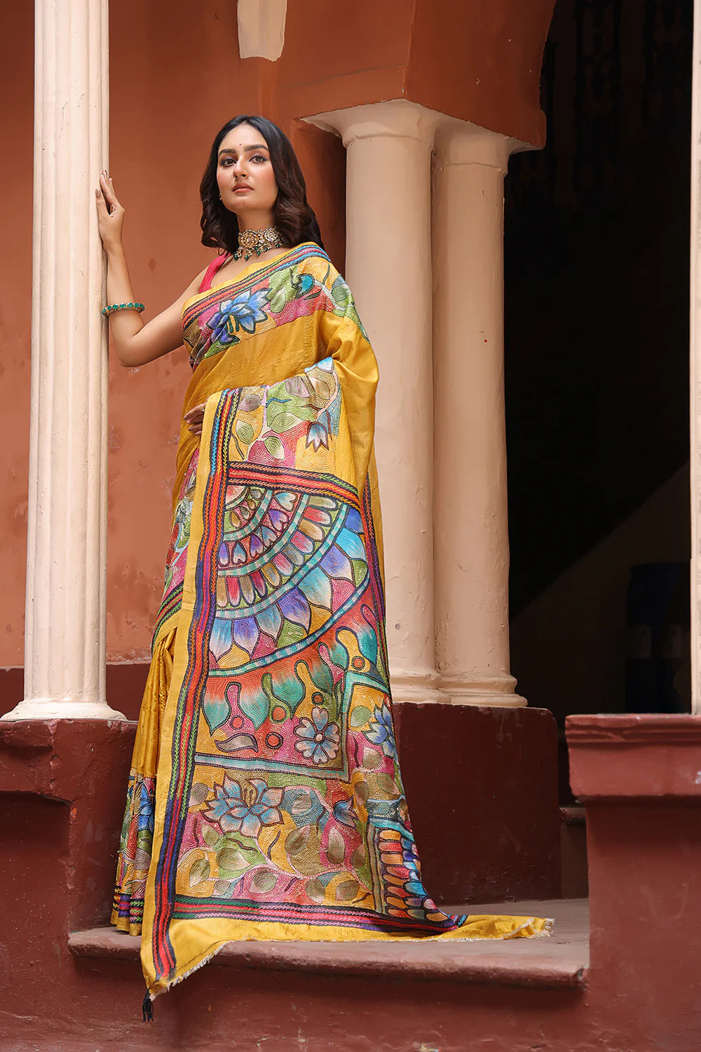 Handloom Pure Silk Yellow Kantha Saree