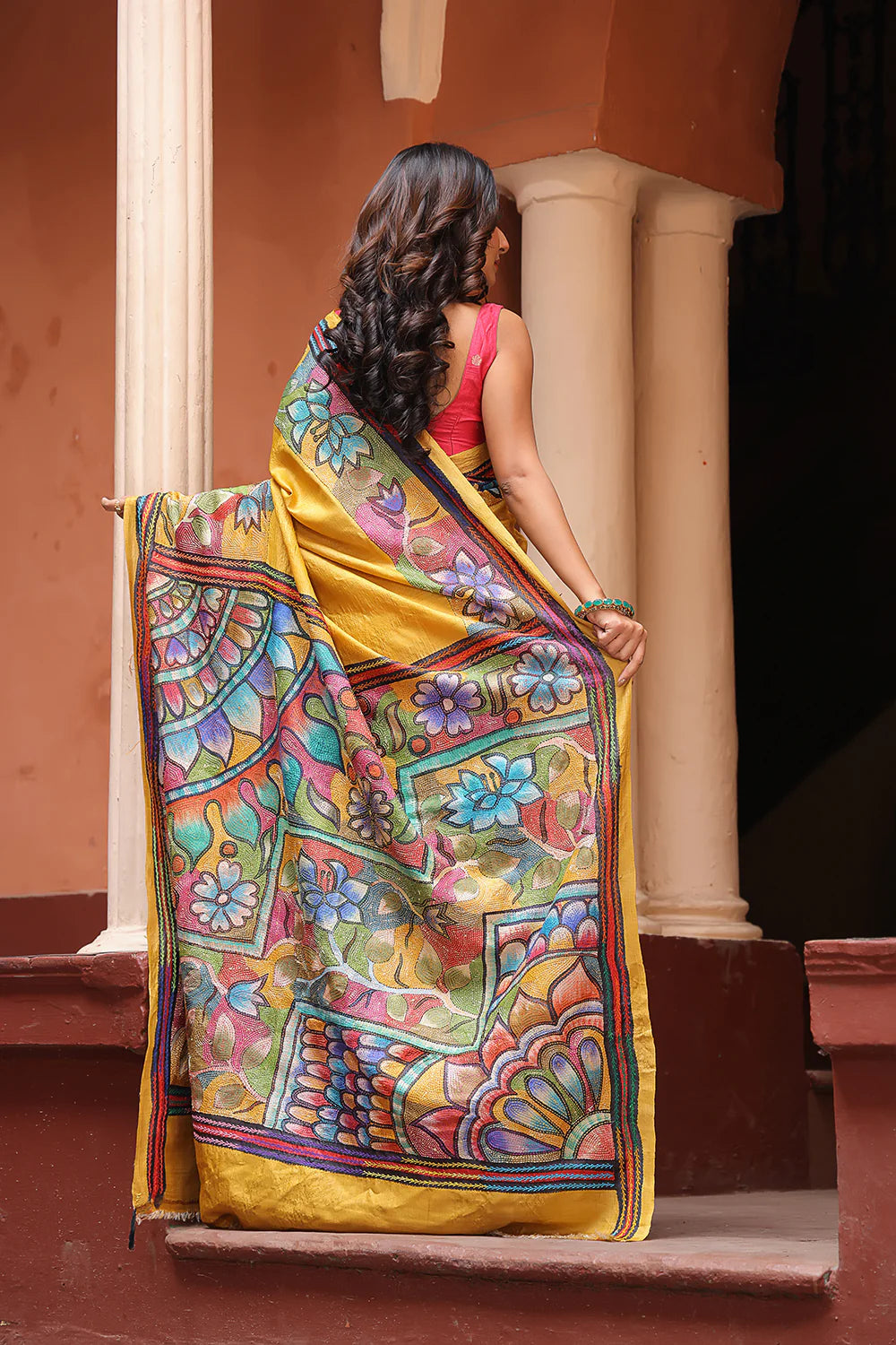 Handloom Pure Silk Yellow Kantha Saree