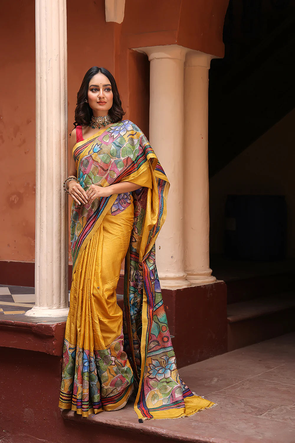 Handloom Pure Silk Yellow Kantha Saree