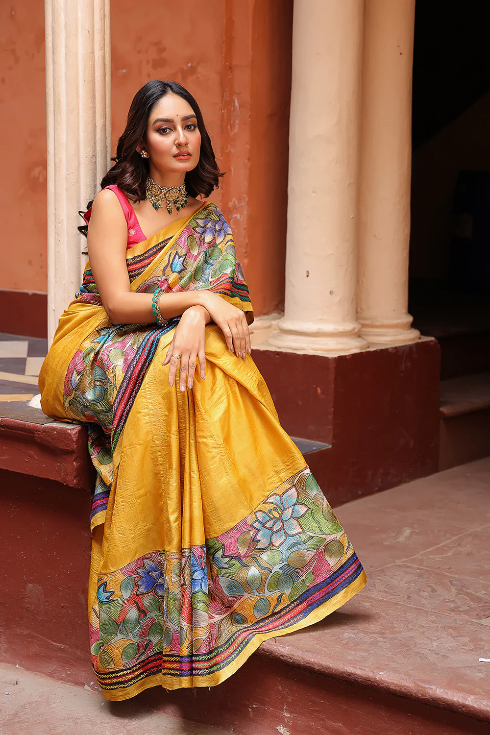 Handloom Pure Silk Yellow Kantha Saree