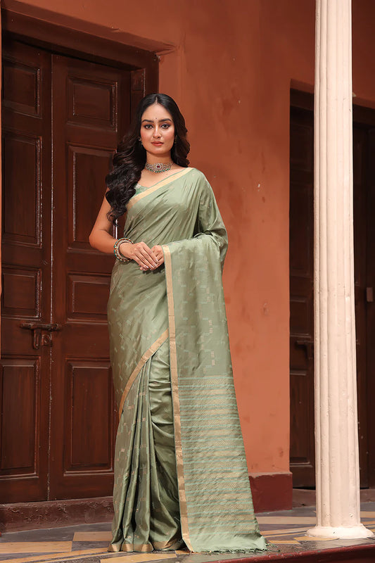 Handloom Olive Green Pure Silk Kanchi Contemporary Saree