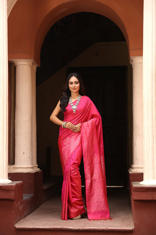 Handloom Hot Pink Pure Silk Saree With Gold Zari