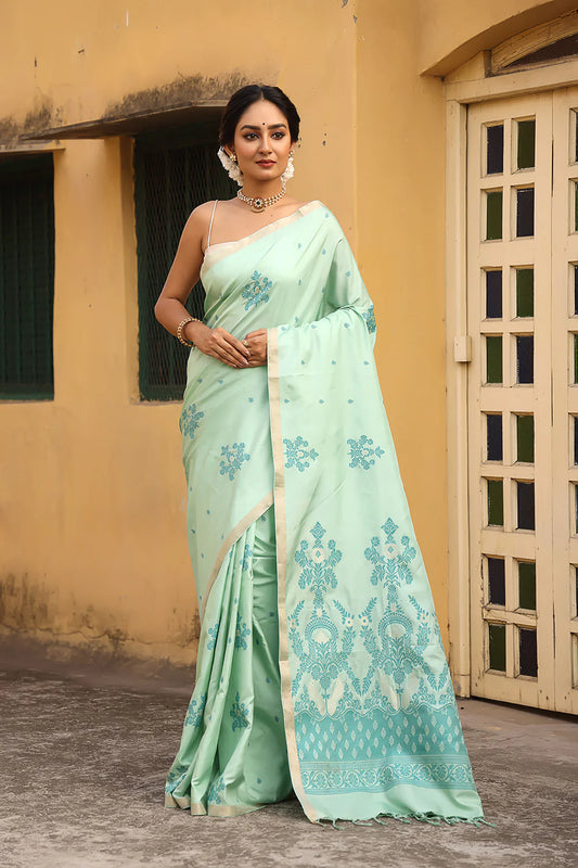 Handloom Mint Green Pure Silk Kanchi Contemporary Saree With Peacock Motifs