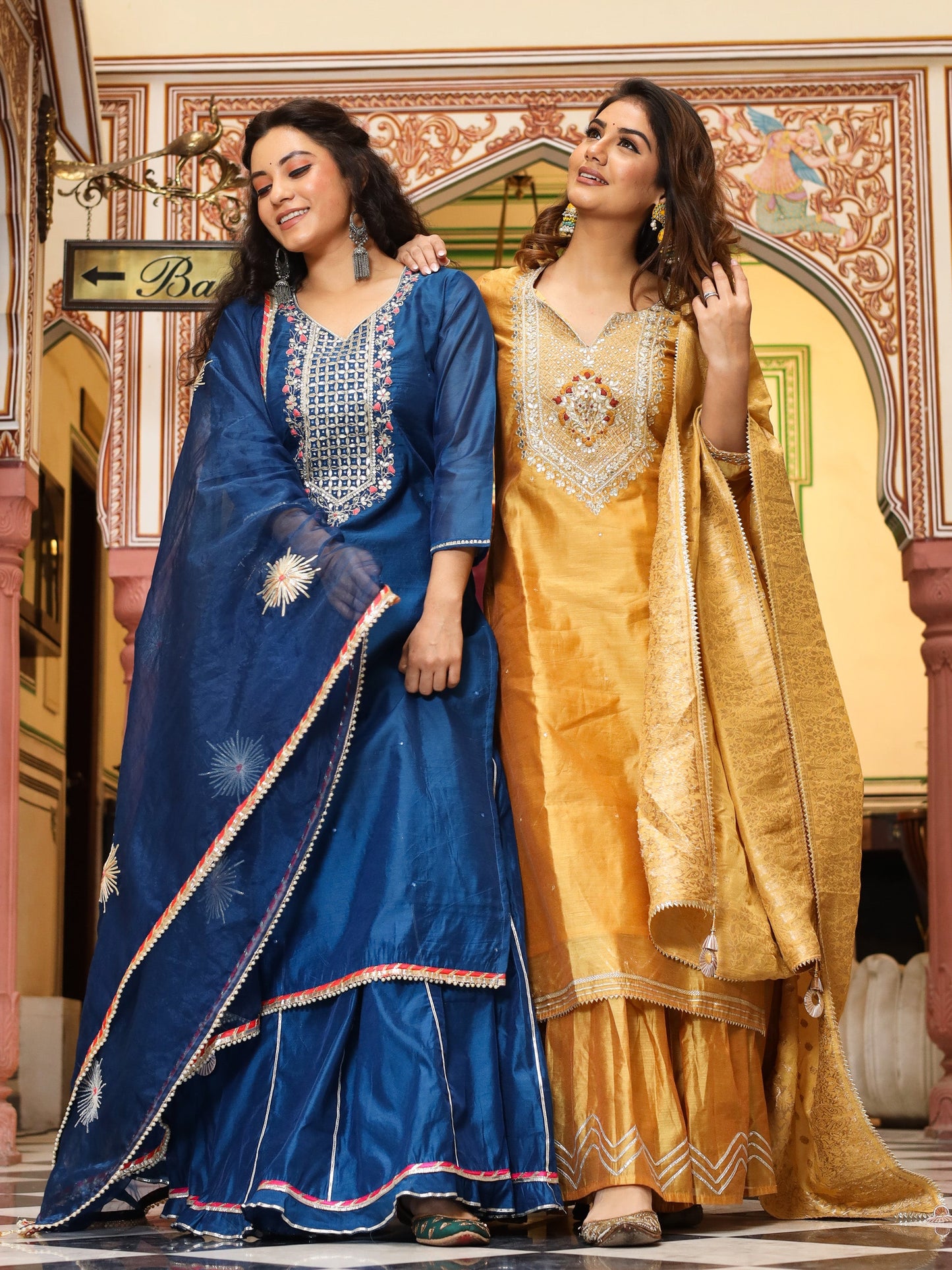 Blue Solid Chenderi Kurta Skirt Set with Dupatta