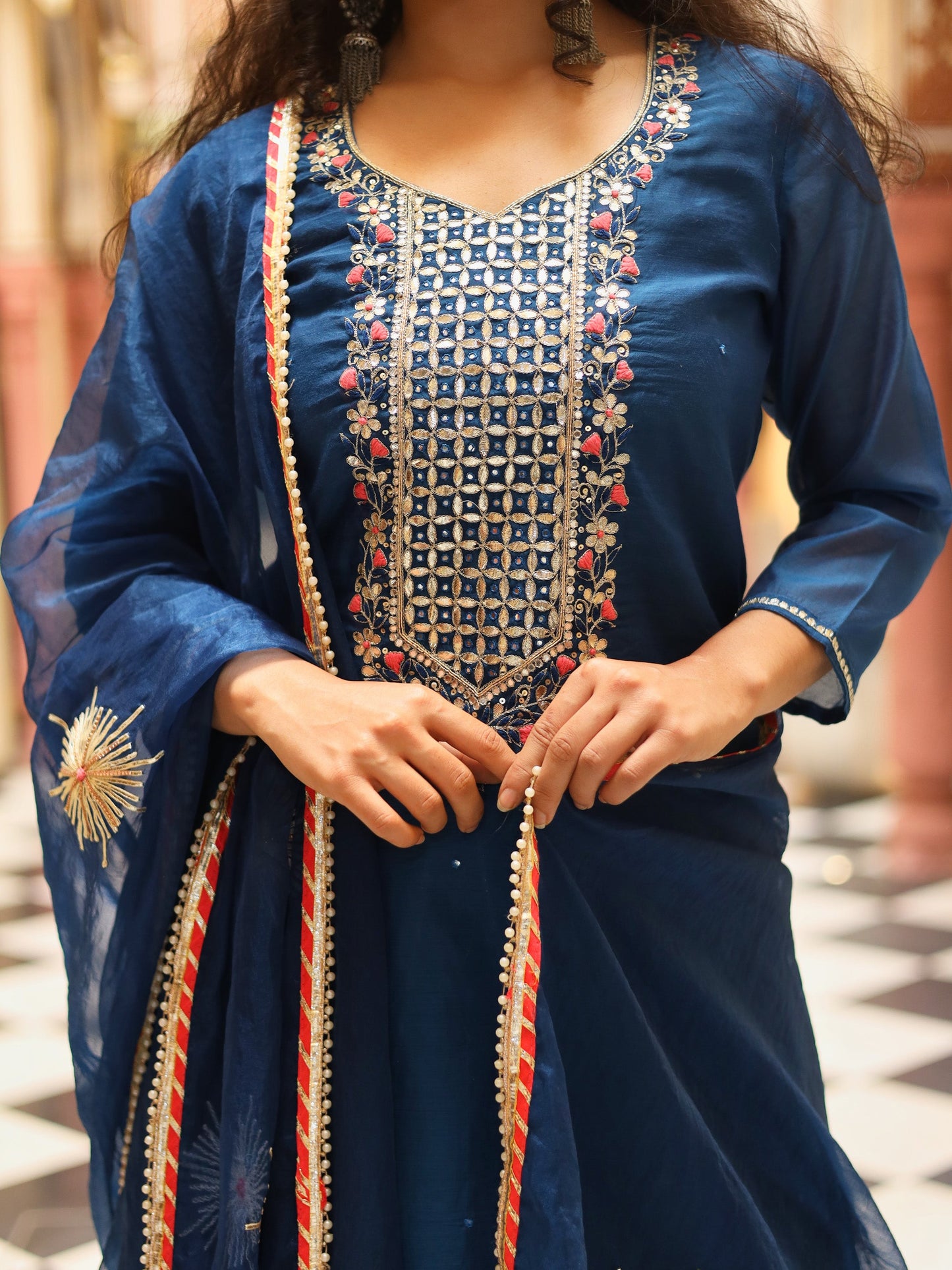 Blue Solid Chenderi Kurta Skirt Set with Dupatta