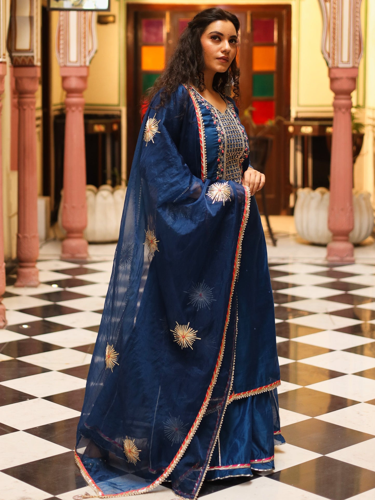 Blue Solid Chenderi Kurta Skirt Set with Dupatta