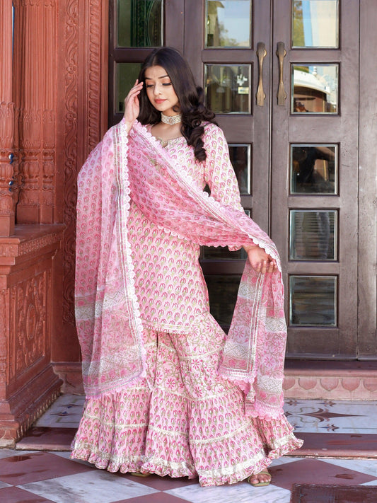 Divena Pink Floral Hand Block Printed Kurta Sharara Set with Dupatta - divena world-Mohi