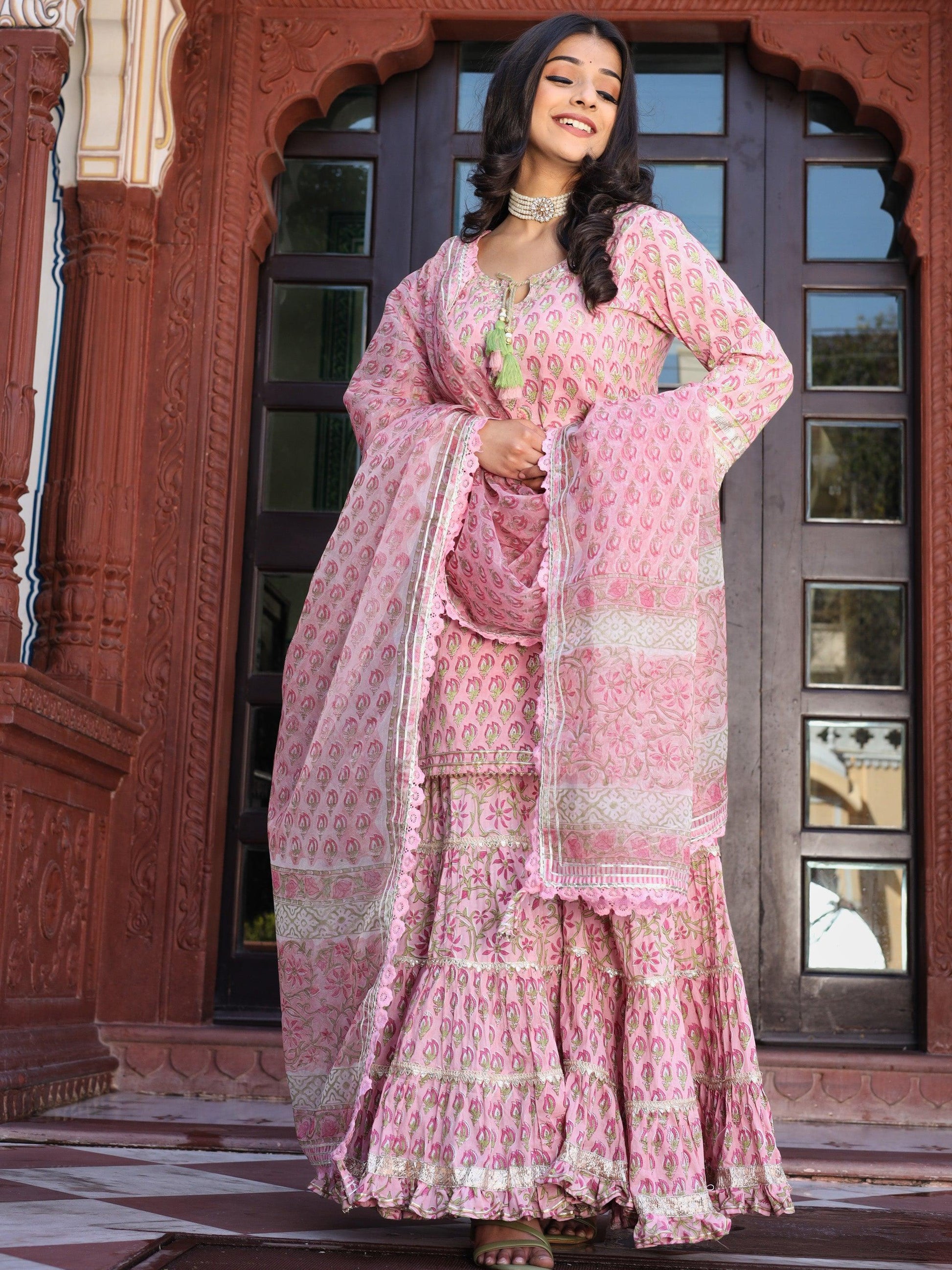 Divena Pink Floral Hand Block Printed Kurta Sharara Set with Dupatta - divena world-Mohi