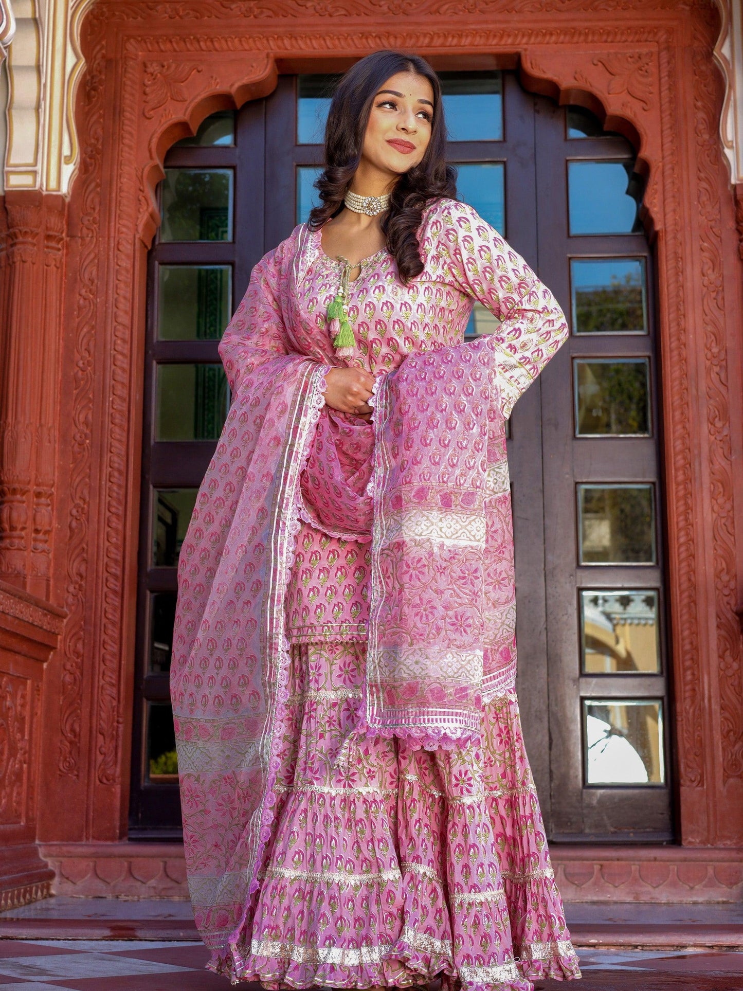 Divena Pink Floral Hand Block Printed Kurta Sharara Set with Dupatta - divena world-Mohi