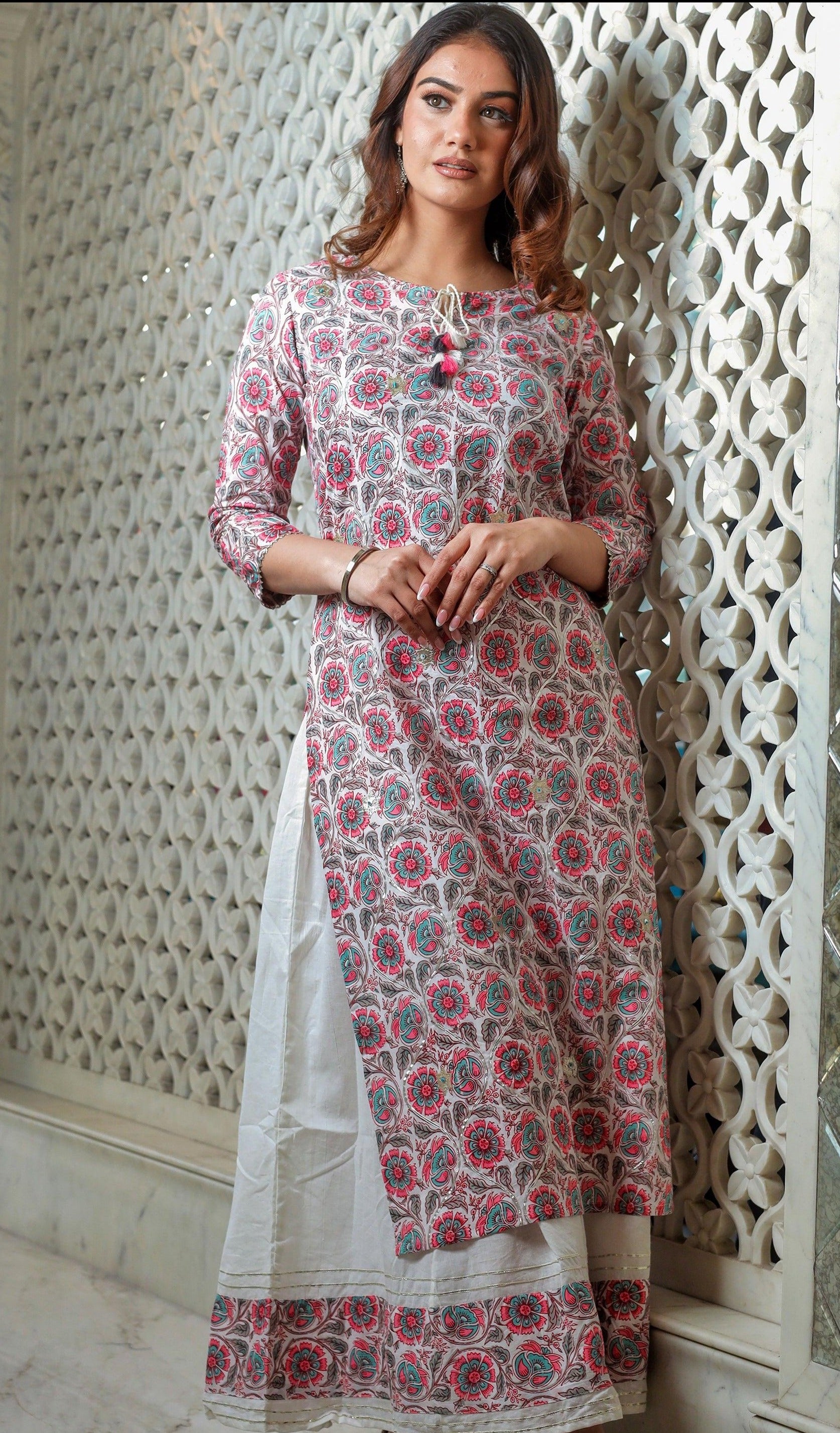 White Color Printed Kurta with Palazzo Set