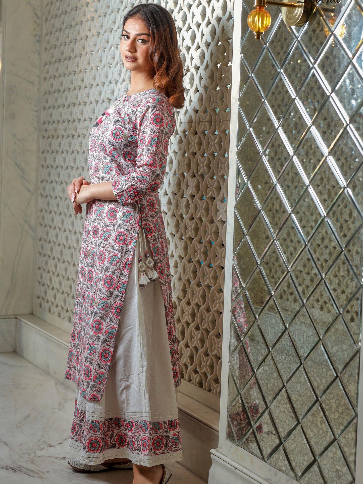 White Color Printed Kurta with Palazzo Set