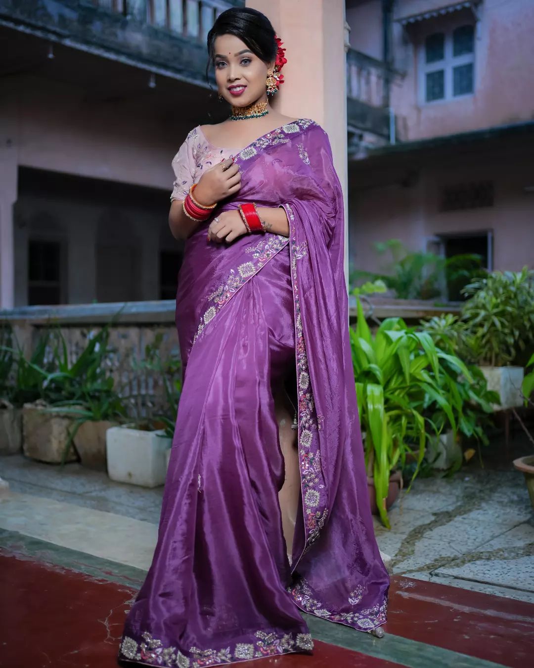 Purple Crepe Hand Embroidered saree