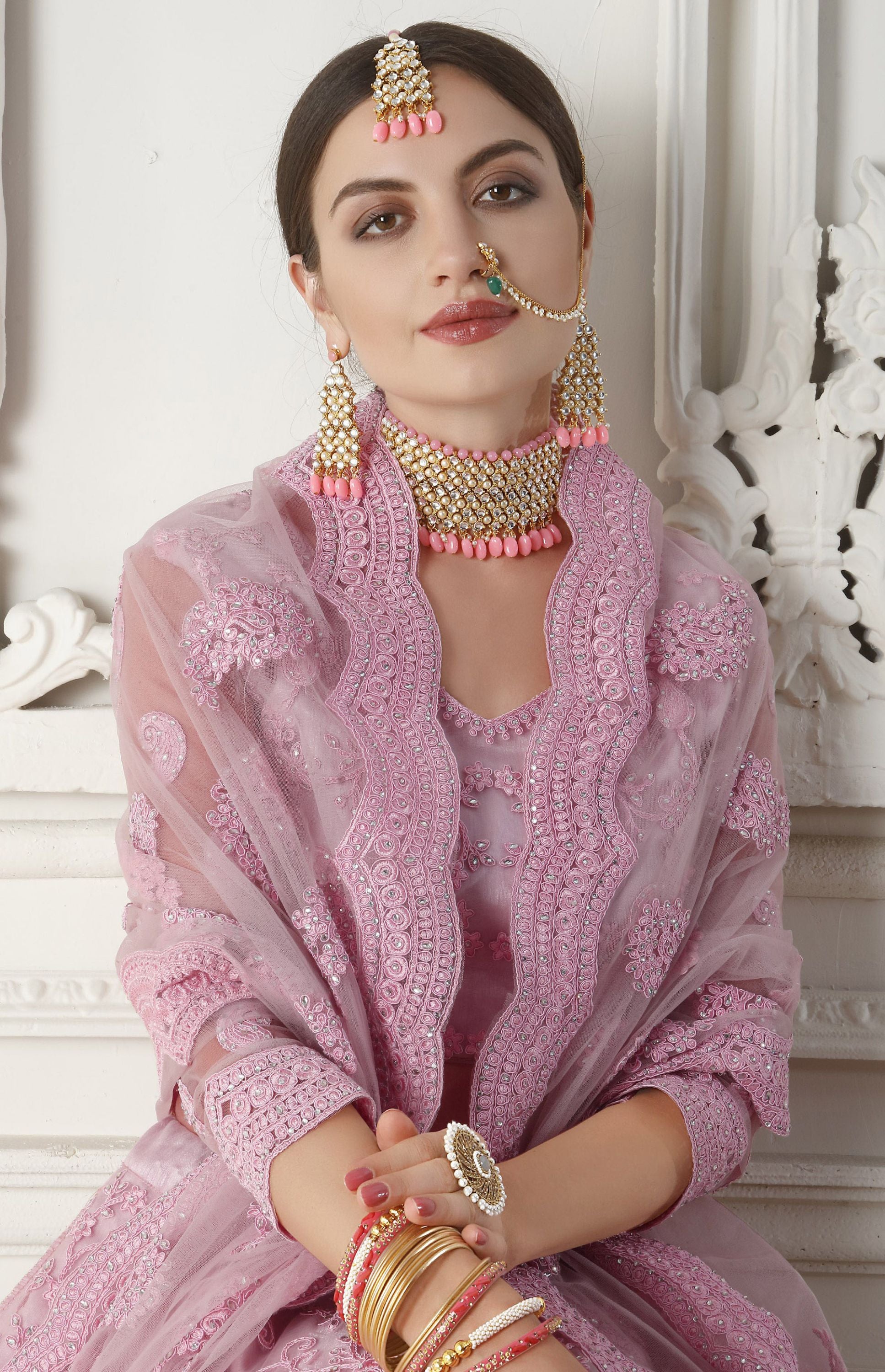 Pink Cording Embroidery Net Bridesmaid Lehenga