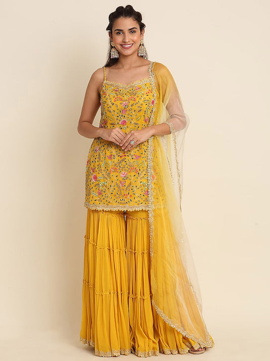 Yellow Georgette sequins embroidered Sharara Kameez