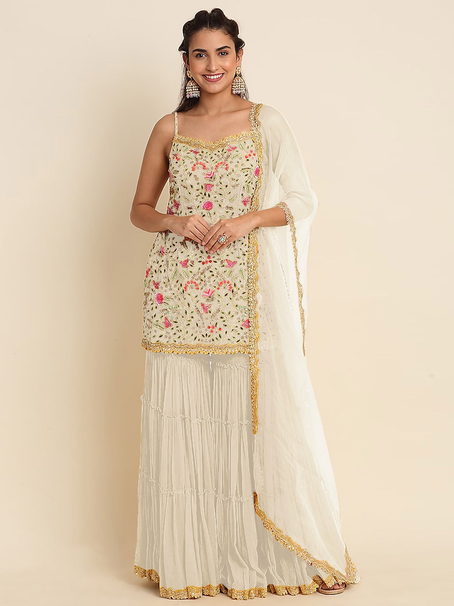 Off white Georgette sequins embroidered Sharara Kameez