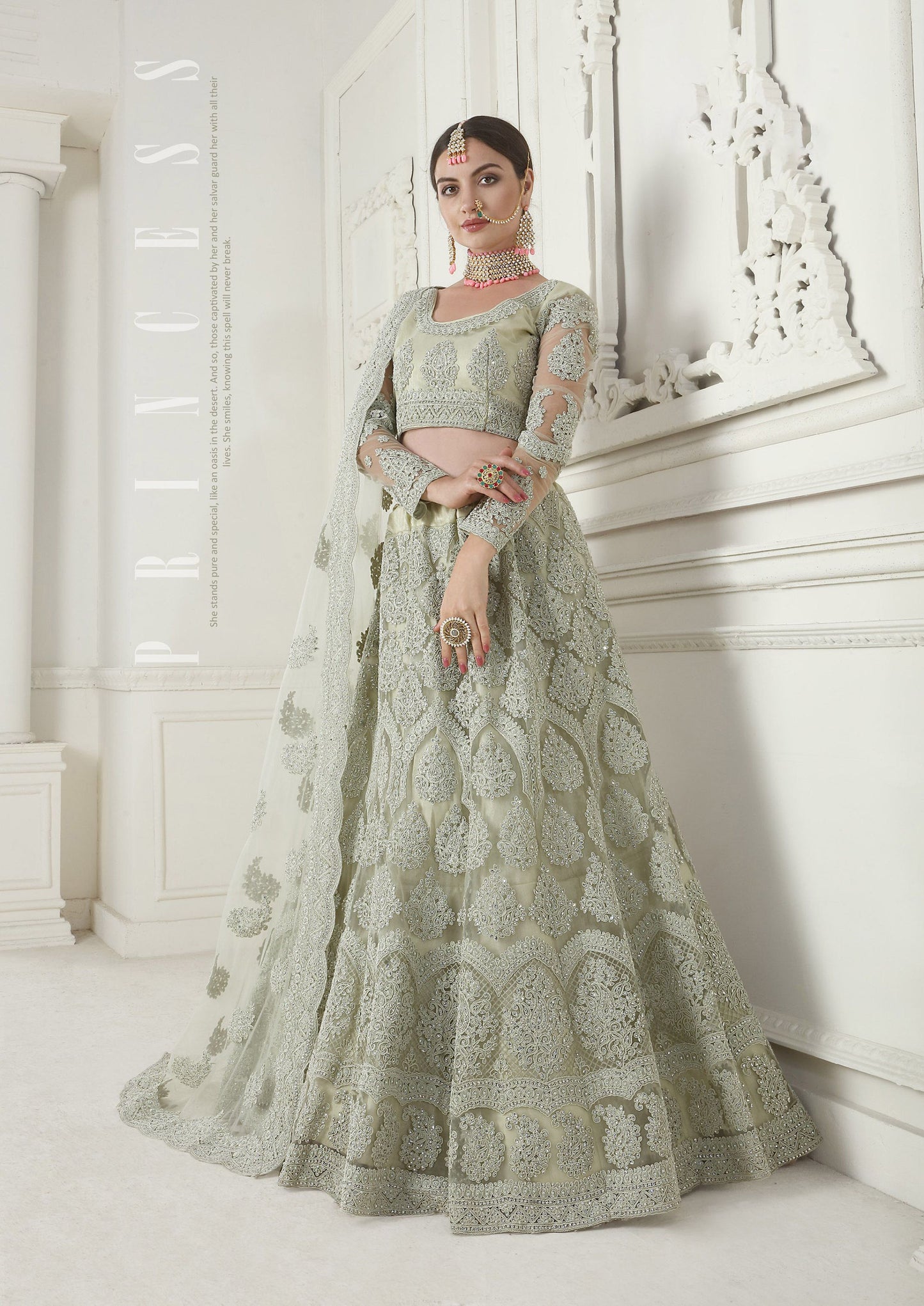 Mint Green Cording Embroidery Net Bridesmaid Lehenga