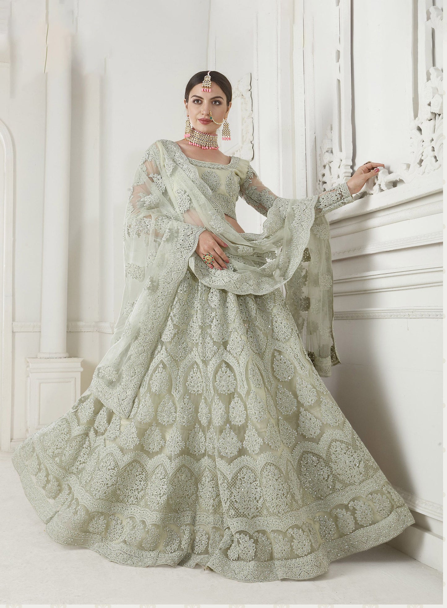 Mint Green Cording Embroidery Net Bridesmaid Lehenga