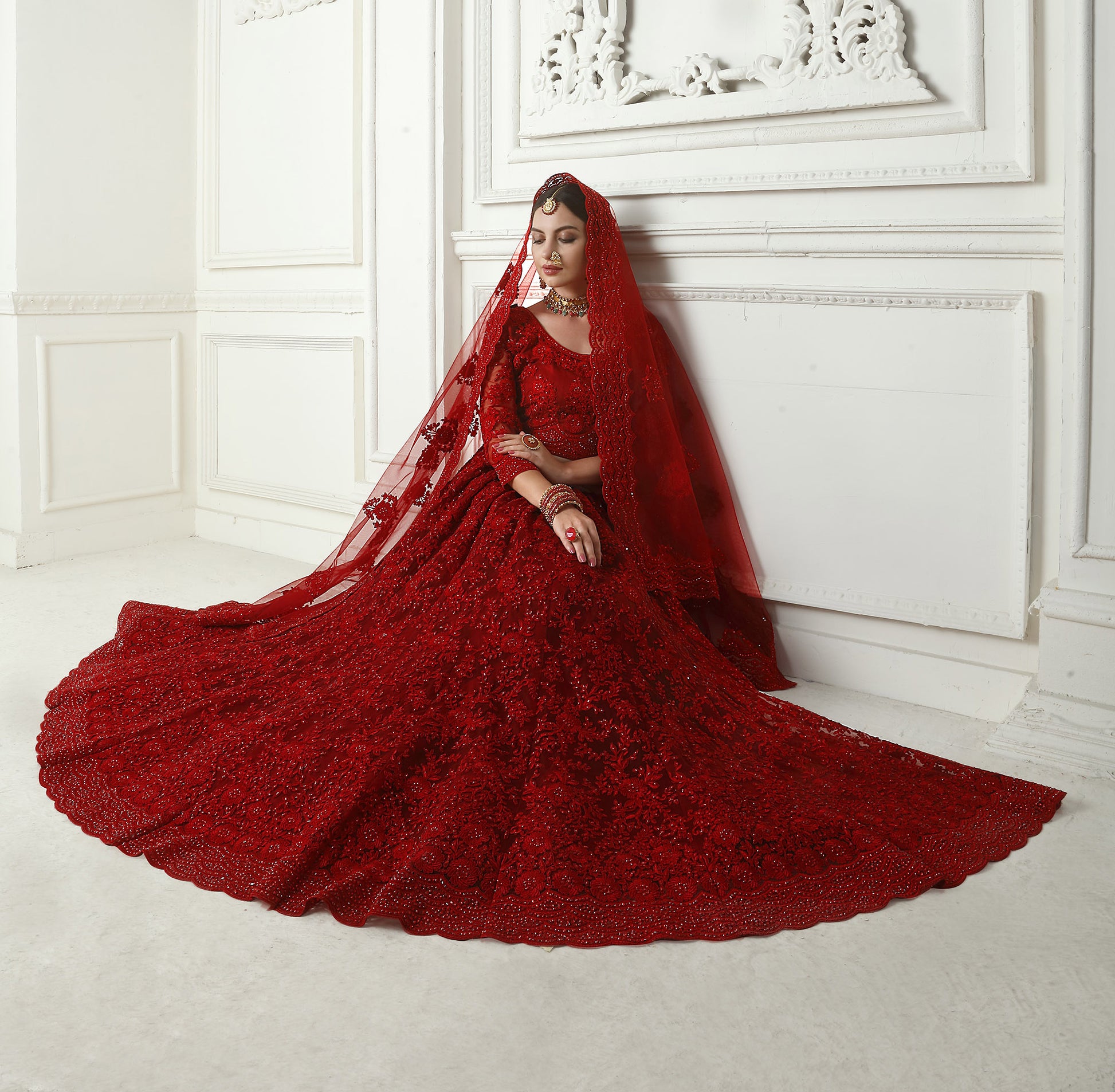 Red Cording Embroidery Net Bridesmaid Lehenga