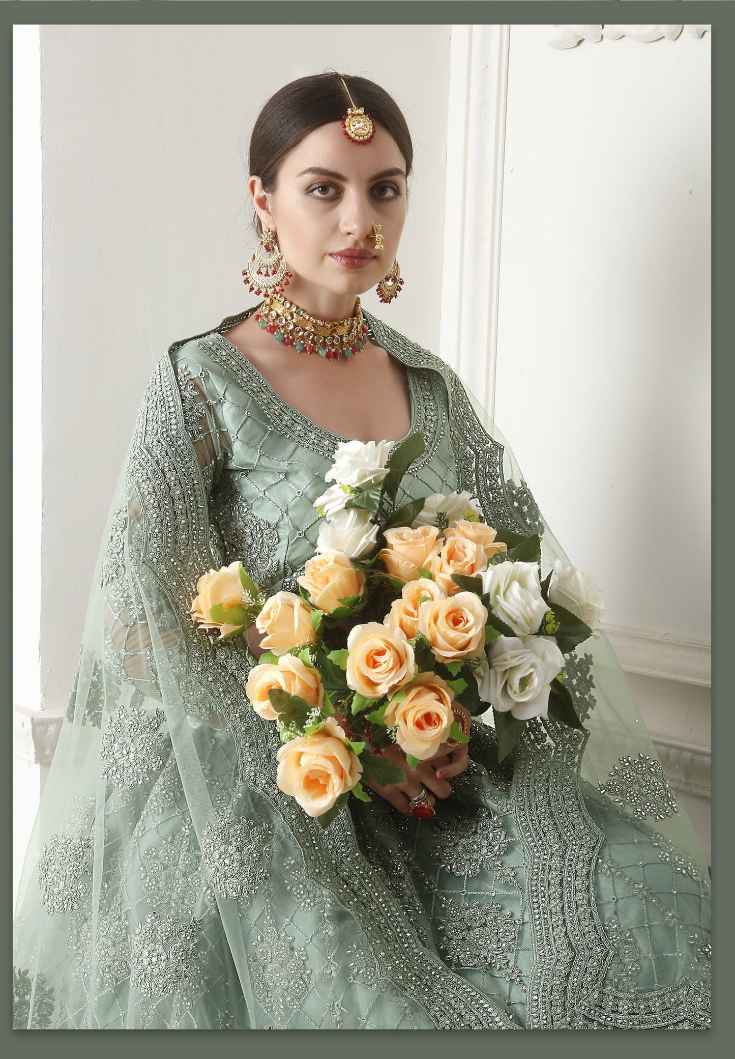 Teal Grey Cording Embroidery Net Bridesmaid Lehenga