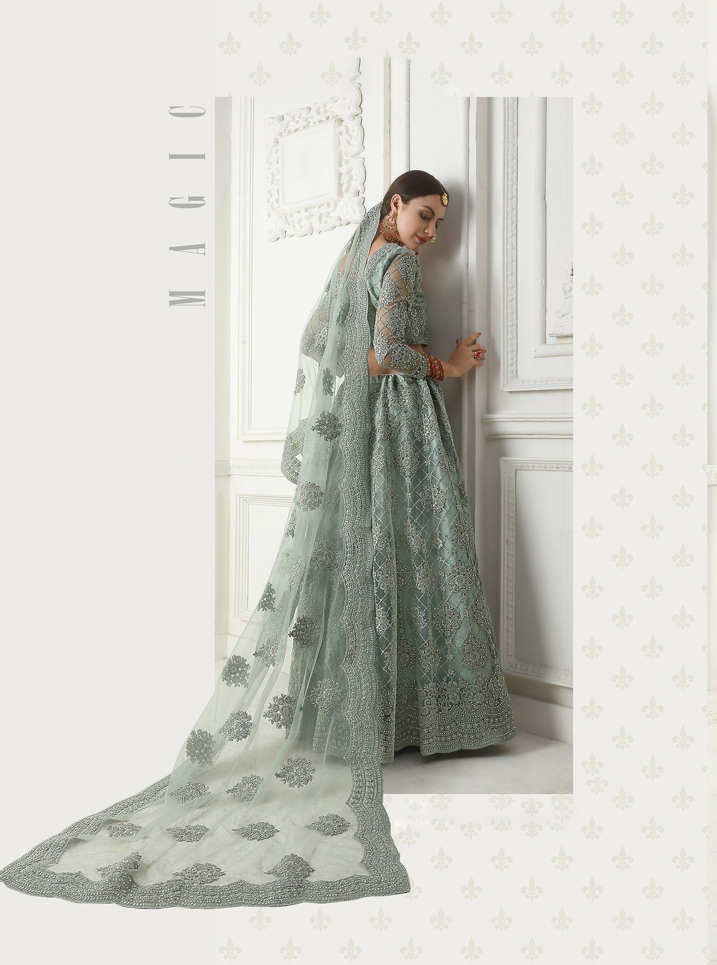 Teal Grey Cording Embroidery Net Bridesmaid Lehenga