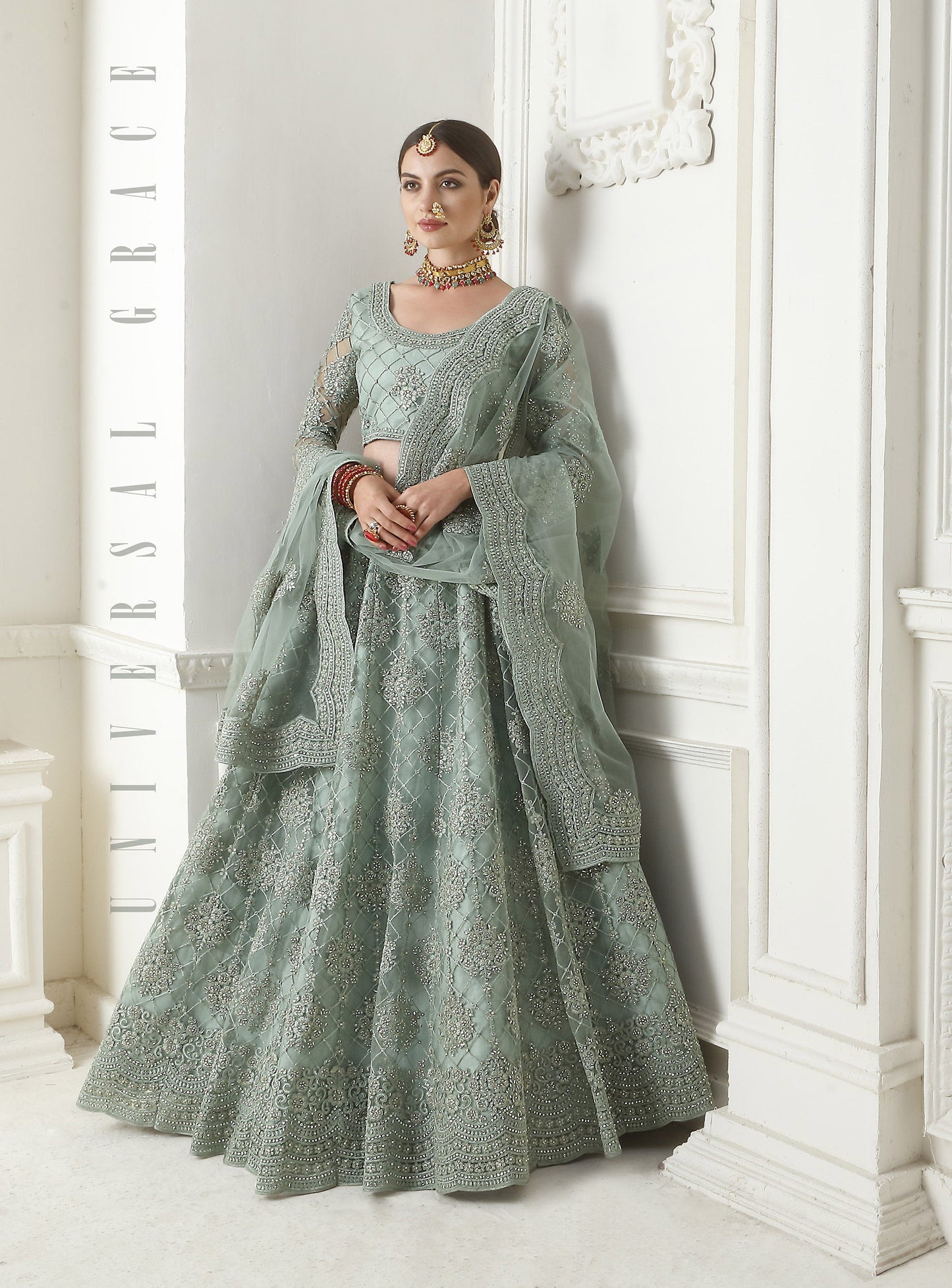 Teal Grey Cording Embroidery Net Bridesmaid Lehenga