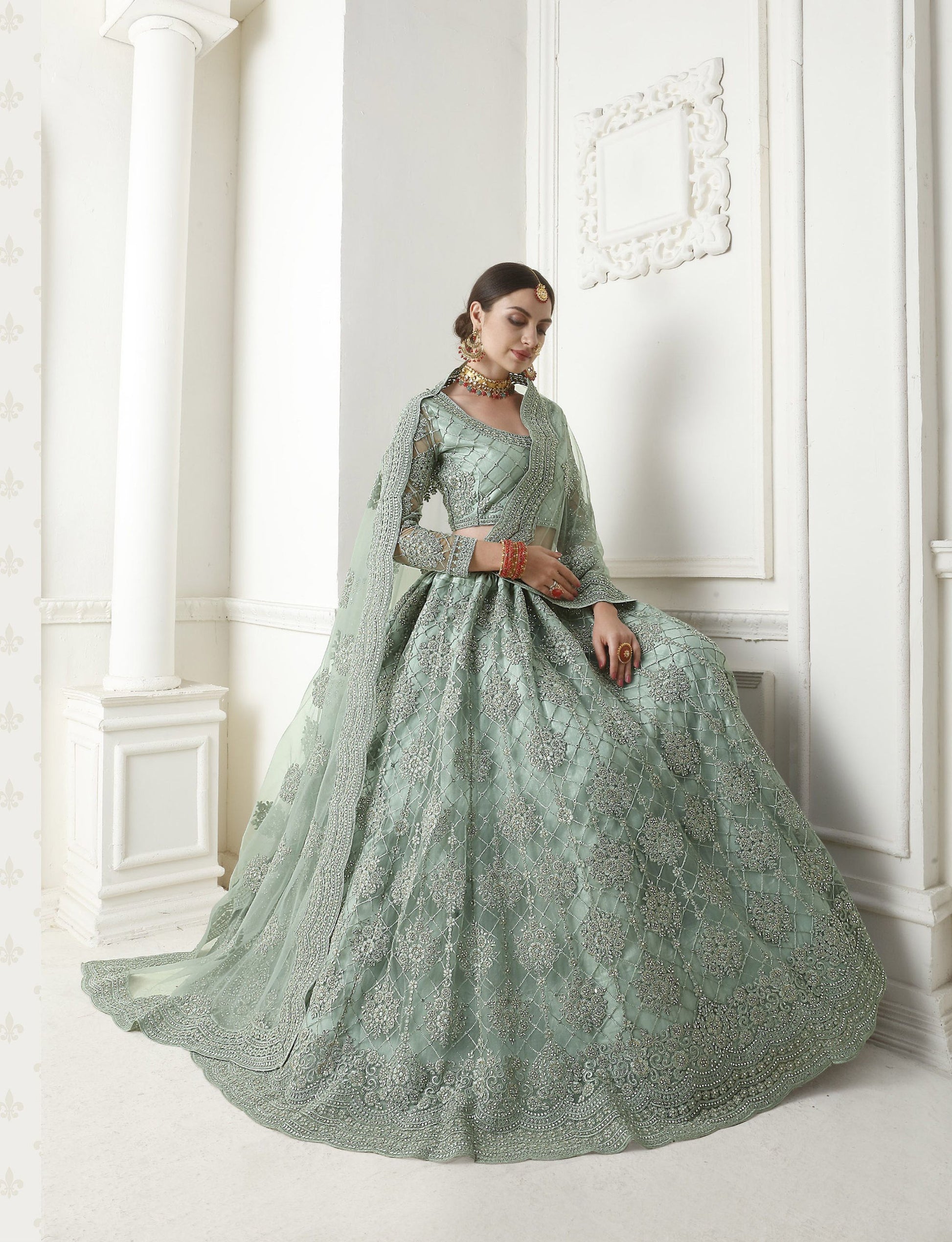 Teal Grey Cording Embroidery Net Bridesmaid Lehenga