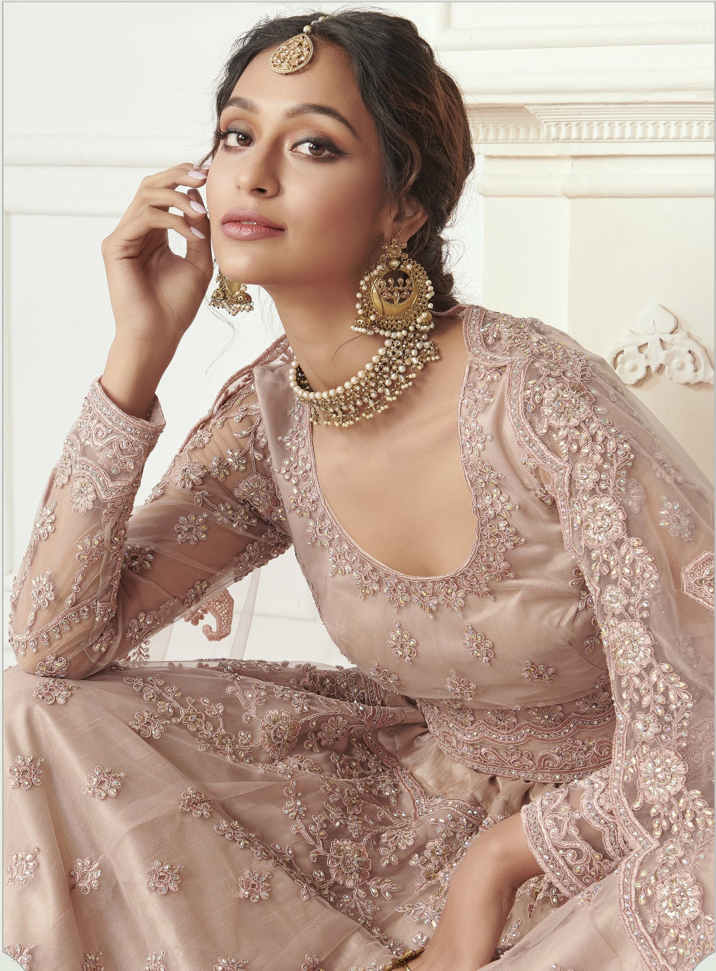 Mauve Heavy Embroidery with Pearls Net Bridesmaid Lehenga