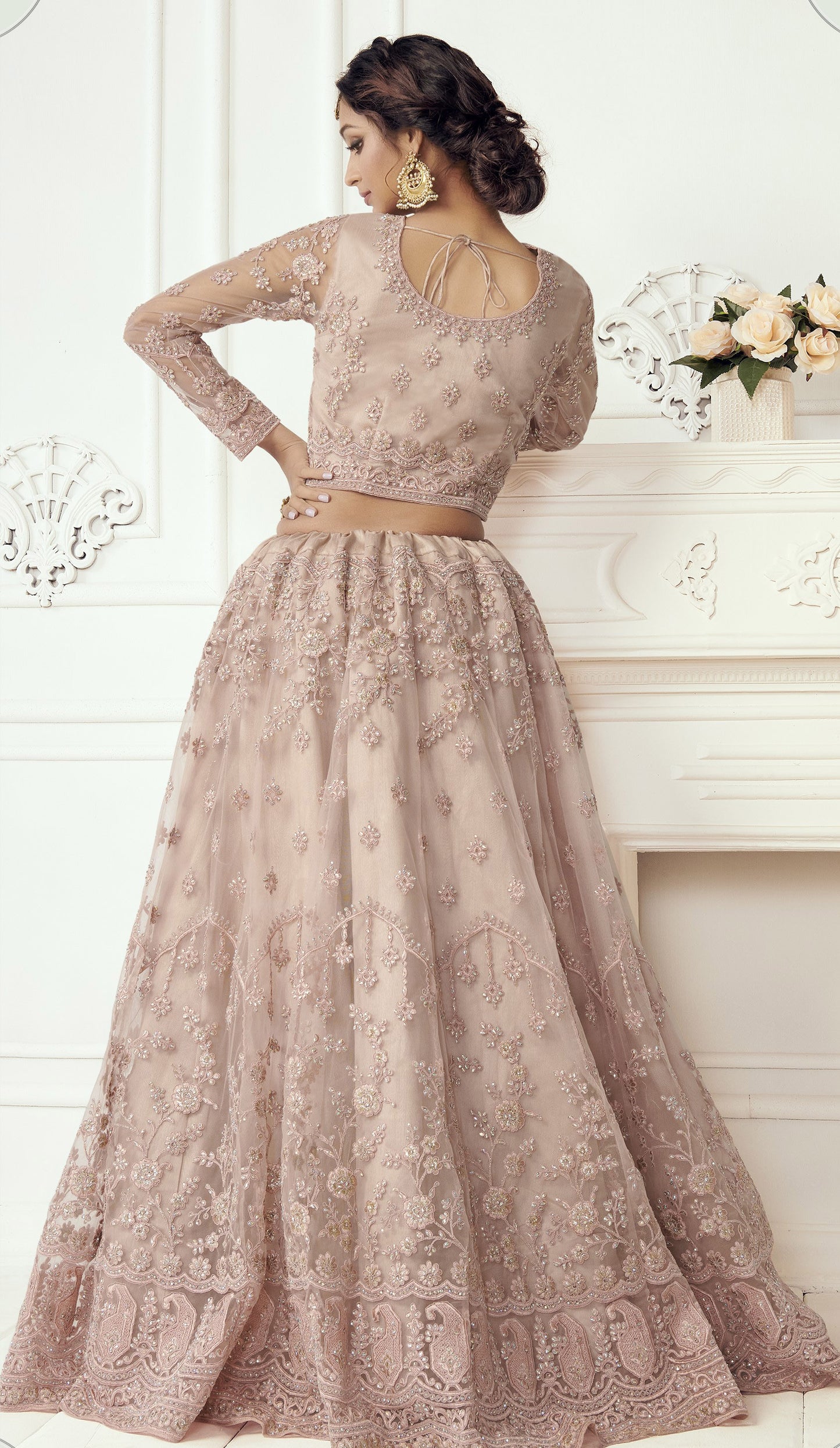 Mauve Heavy Embroidery with Pearls Net Bridesmaid Lehenga