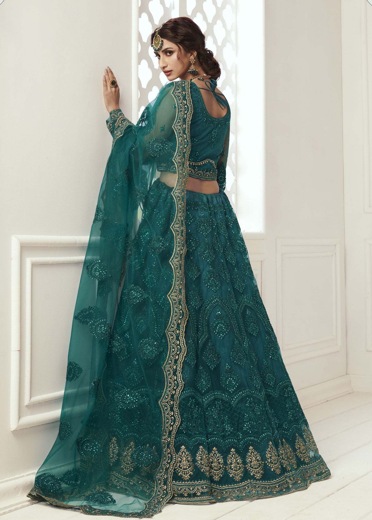 Green Heavy Embroidery with Pearls Net Bridesmaid Lehenga