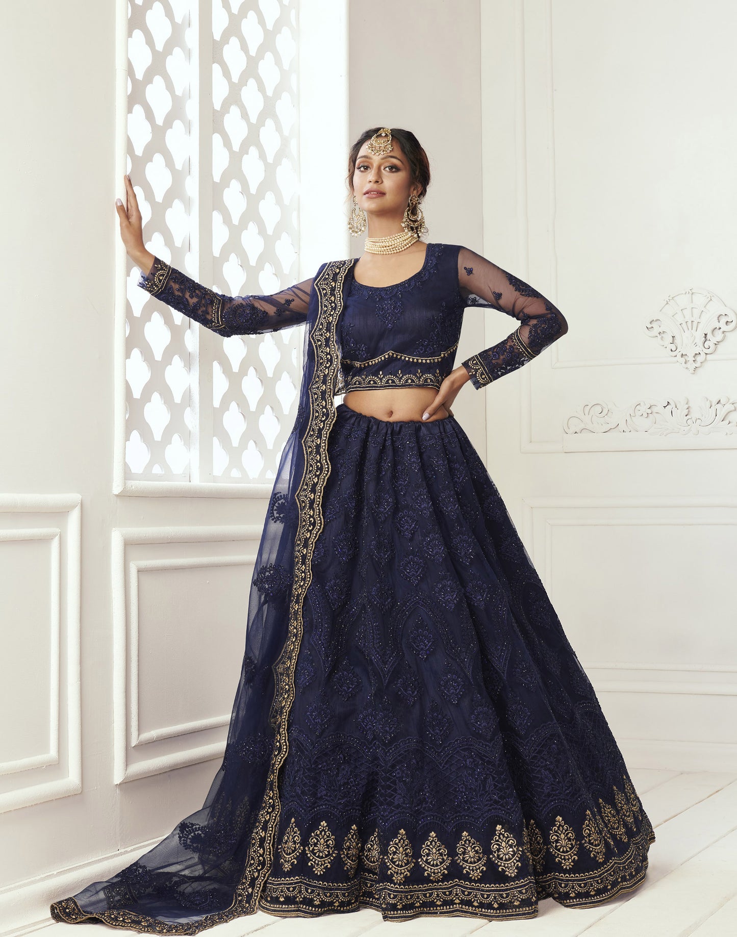 Navy Blue Heavy Thread Embroidery with Pearls Net Bridesmaid Lehenga