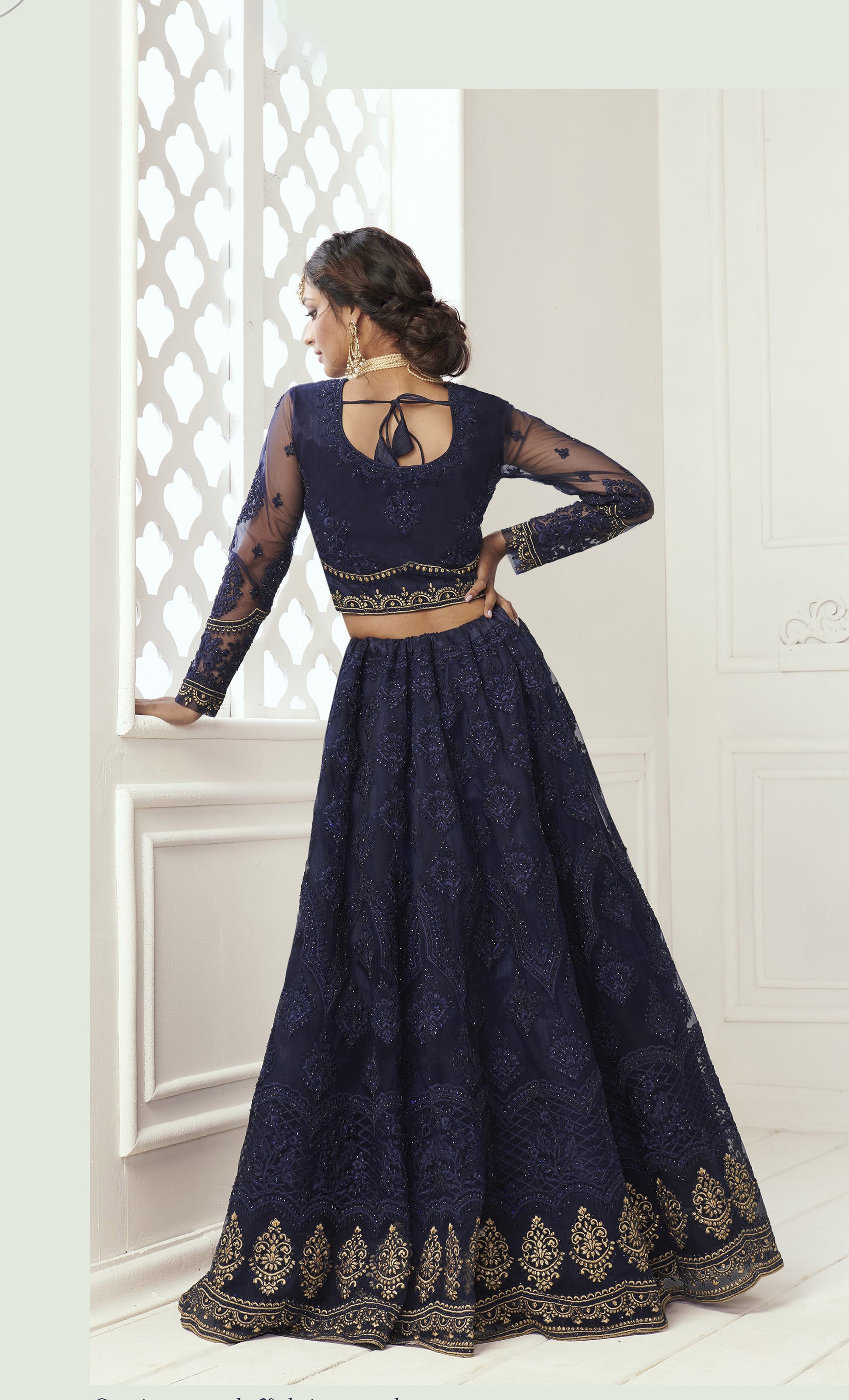 Navy Blue Heavy Thread Embroidery with Pearls Net Bridesmaid Lehenga