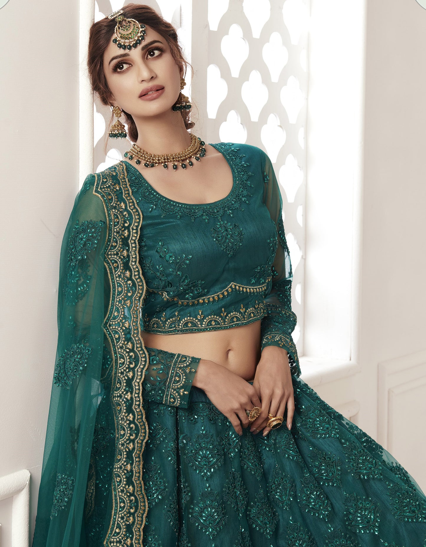 Green Heavy Embroidery with Pearls Net Bridesmaid Lehenga