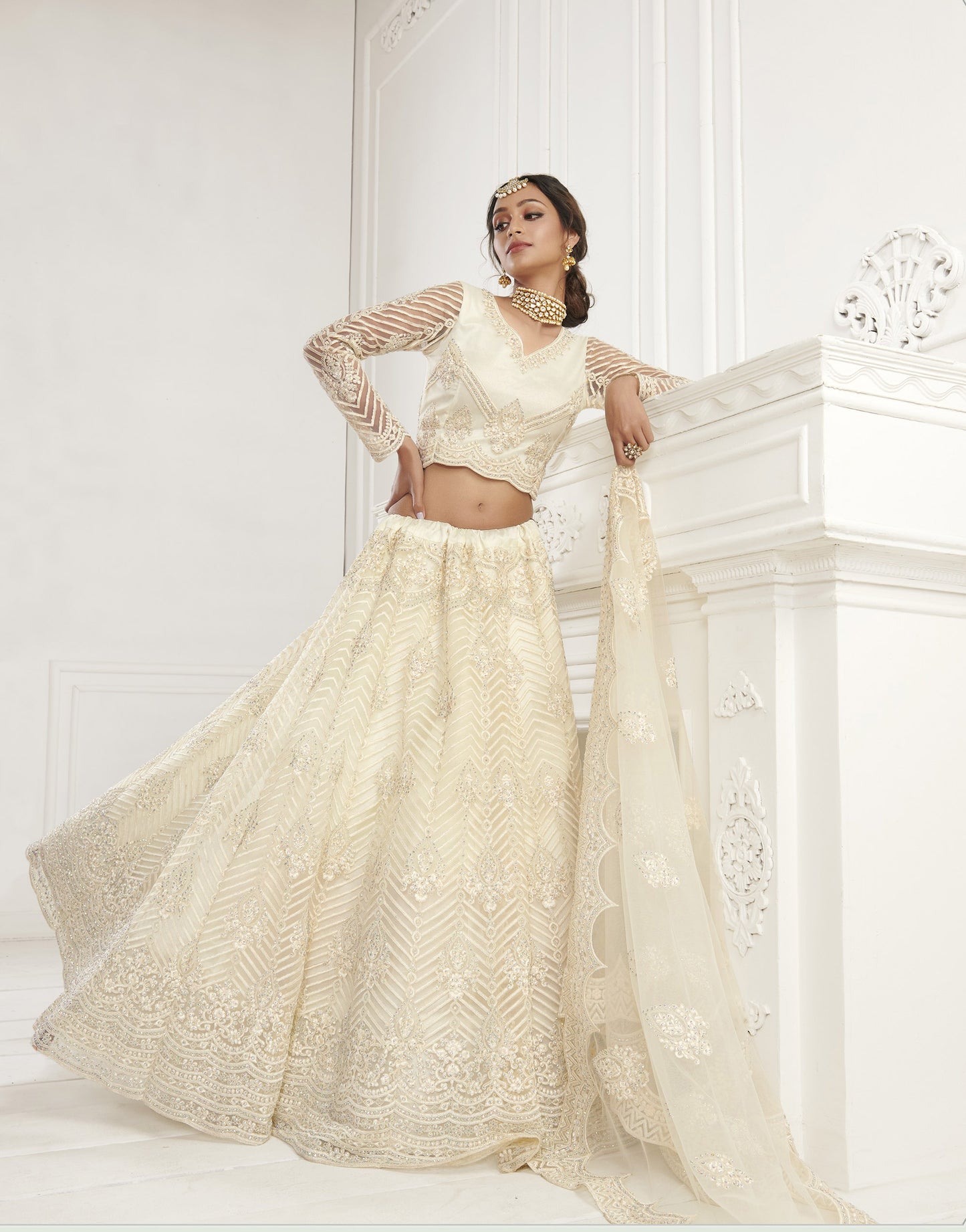 Off White Heavy Embroidery Net Bridesmaid Lehenga