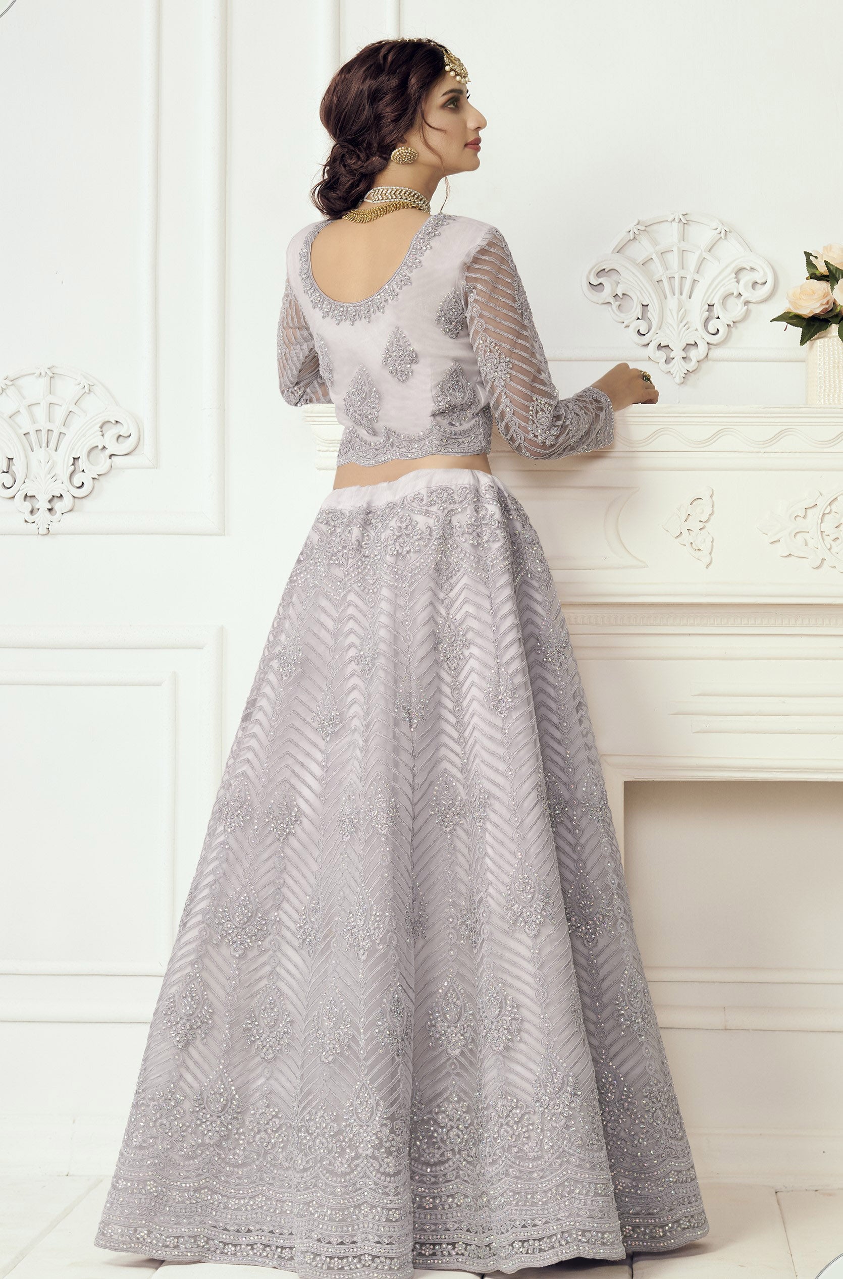 Light Purple Heavy Thread Embroidery Net Bridesmaid Lehenga