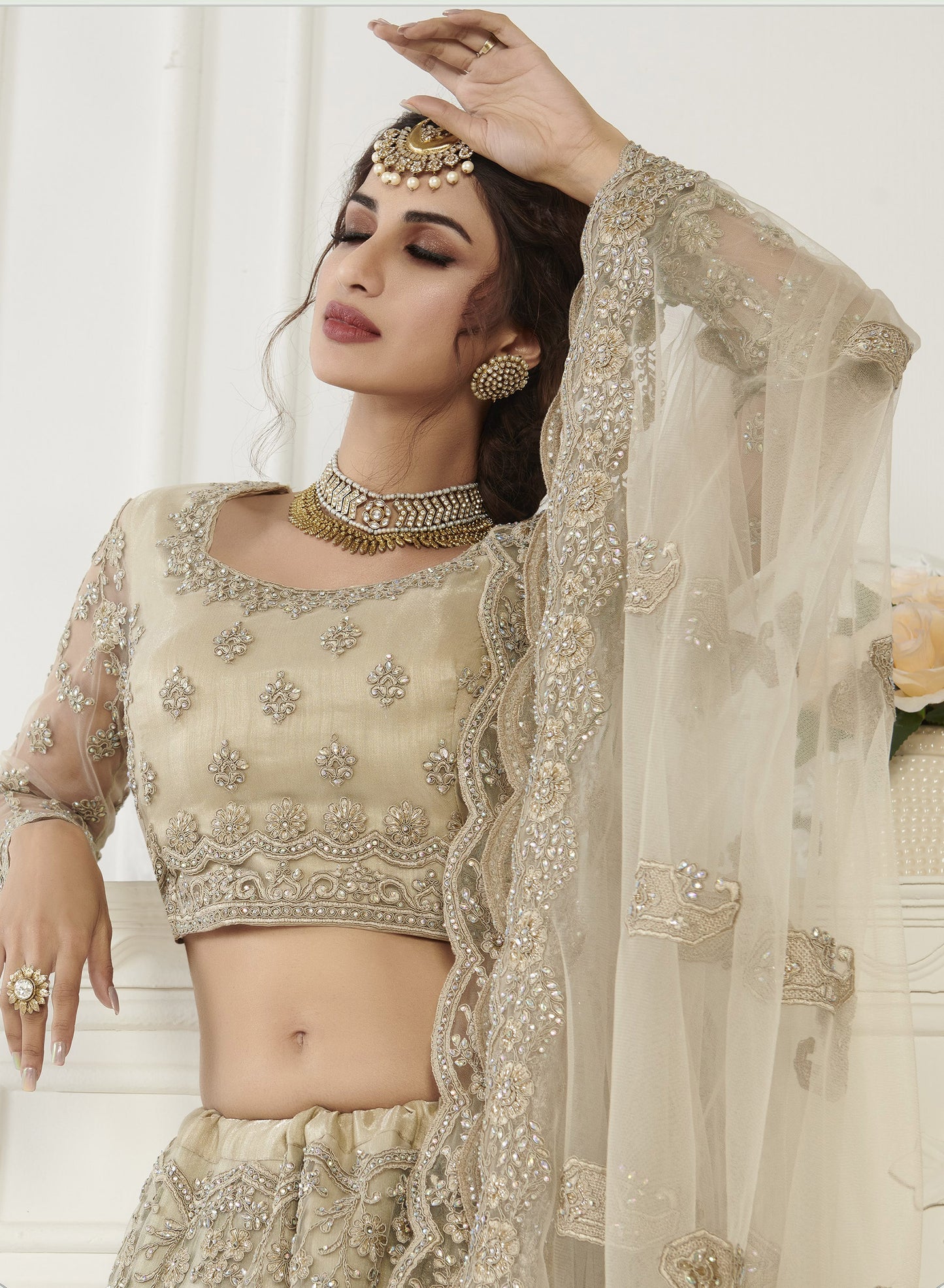 Beige Heavy Thread Embroidery Net Bridesmaid Lehenga