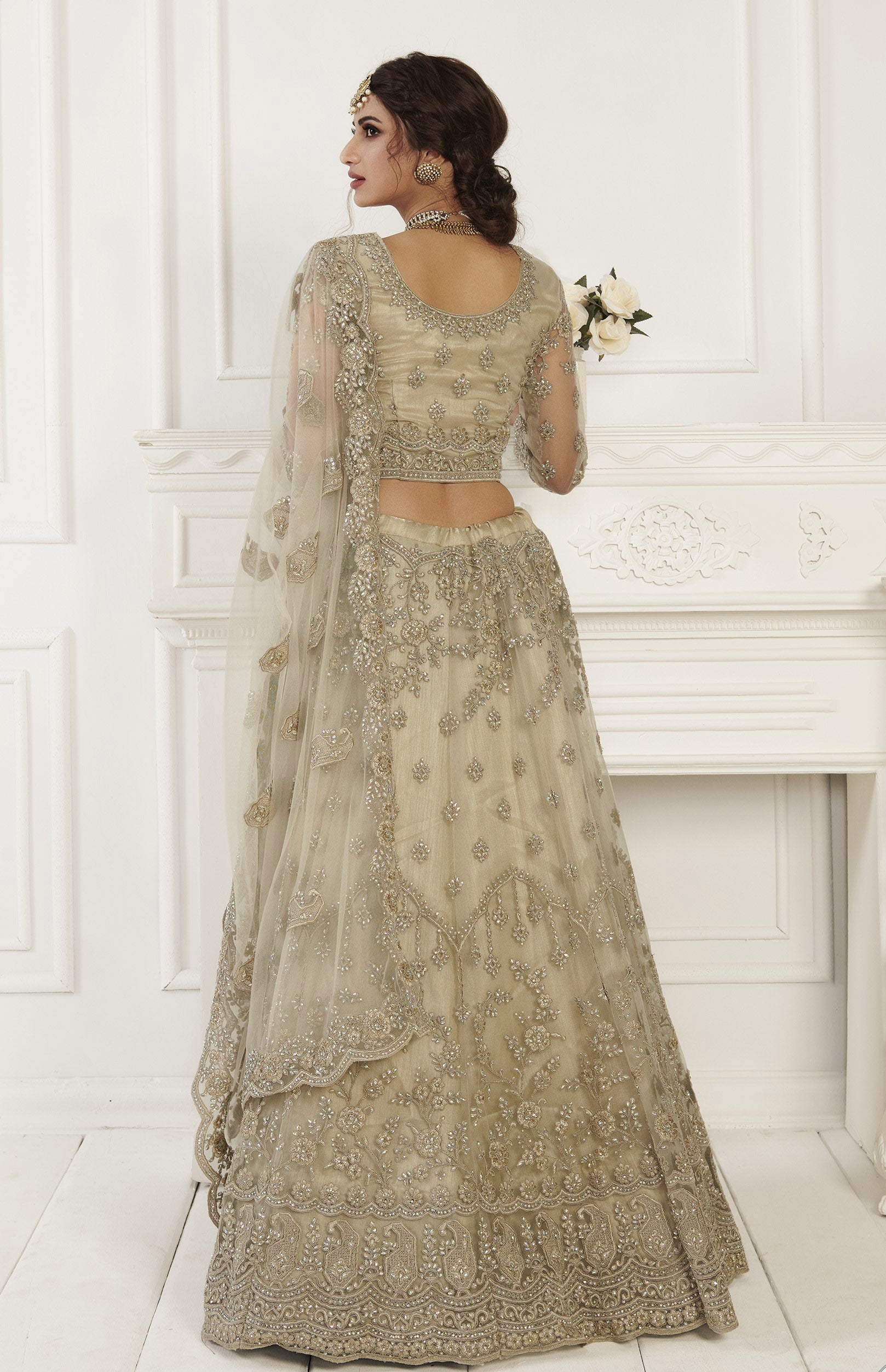 Beige Heavy Thread Embroidery Net Bridesmaid Lehenga