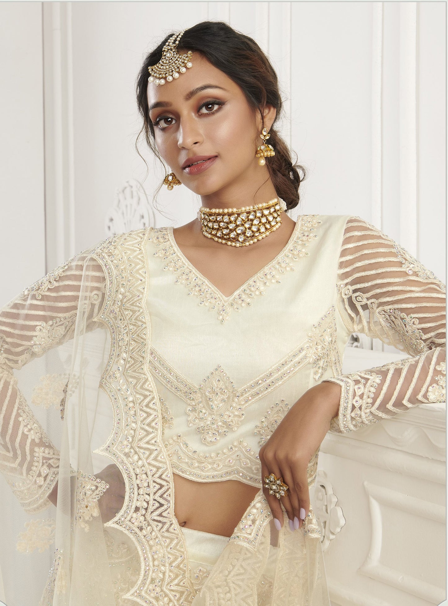 Off White Heavy Embroidery Net Bridesmaid Lehenga