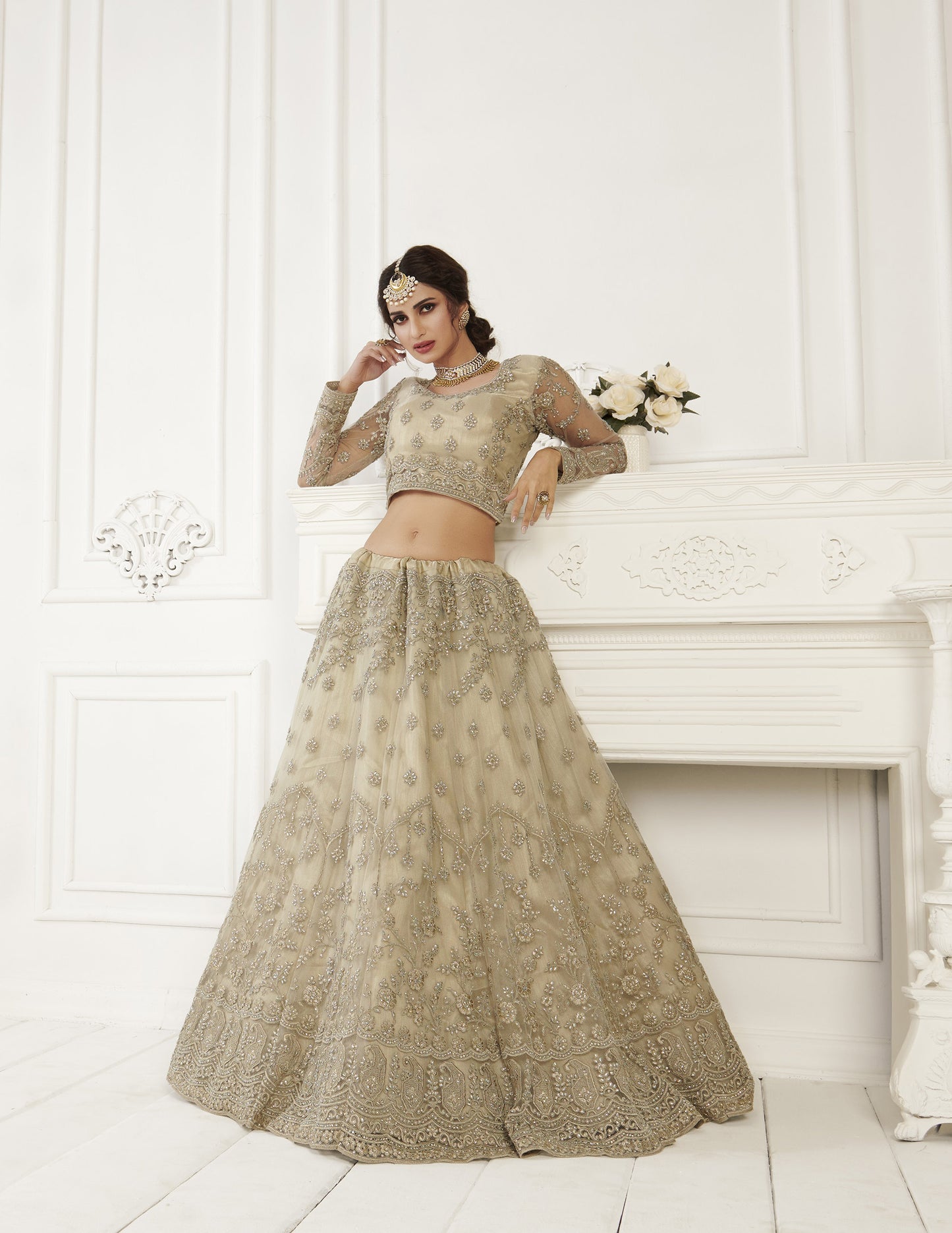 Beige Heavy Thread Embroidery Net Bridesmaid Lehenga