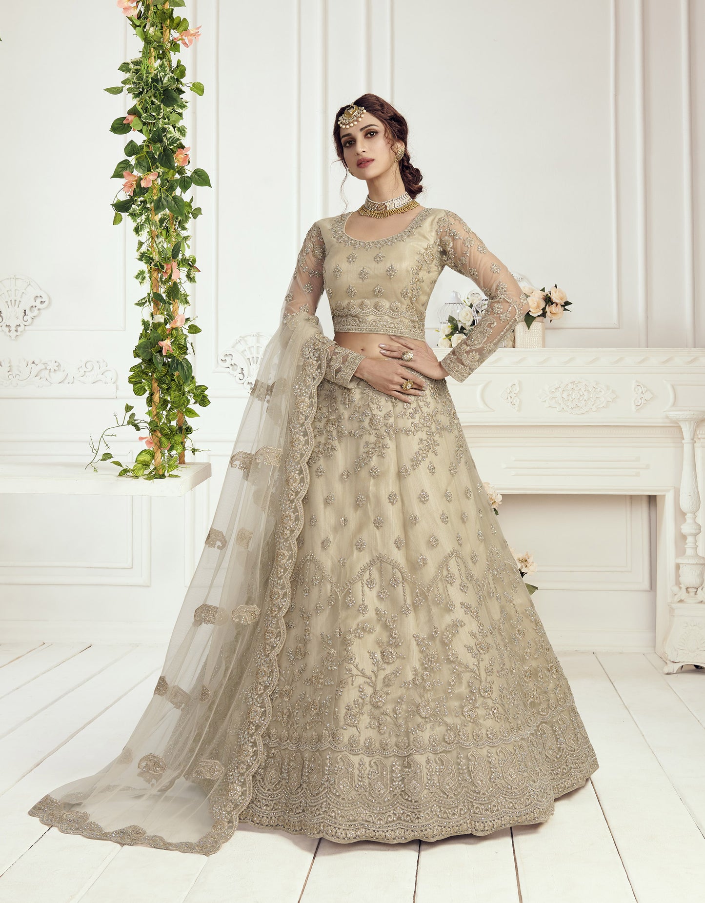 Beige Heavy Thread Embroidery Net Bridesmaid Lehenga