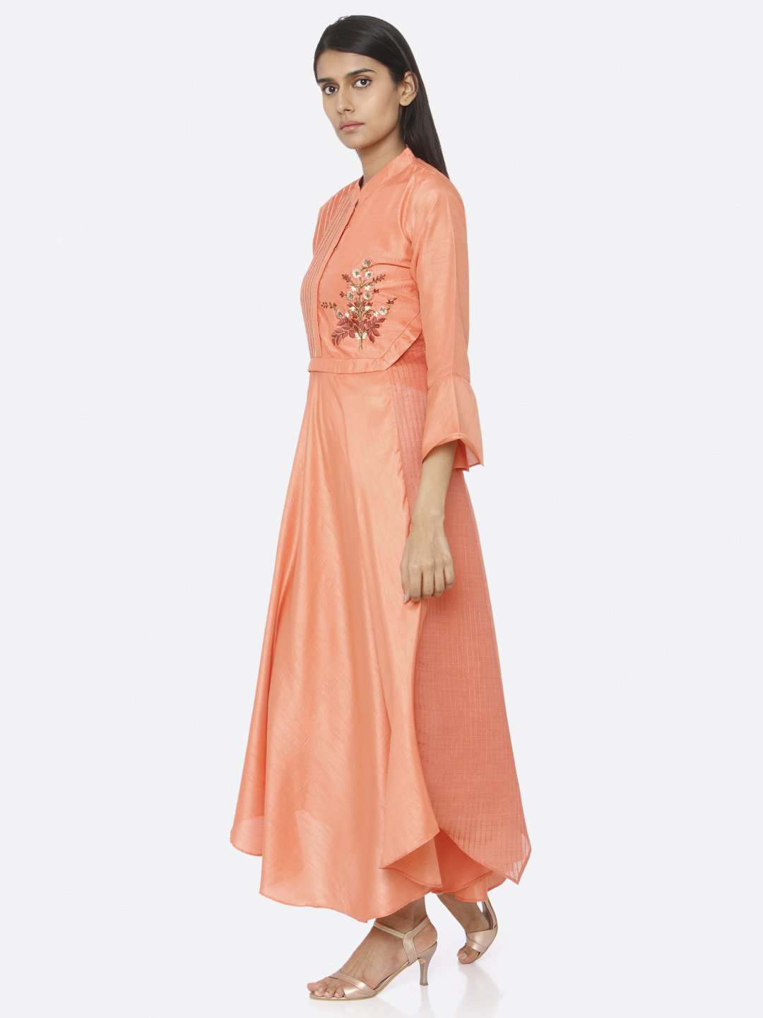 Coral Peach Embroidered Silk A-Line Maxi Dress | Rescue