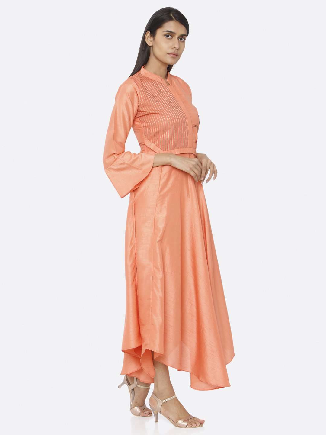 Coral Peach Embroidered Silk A-Line Maxi Dress | Rescue