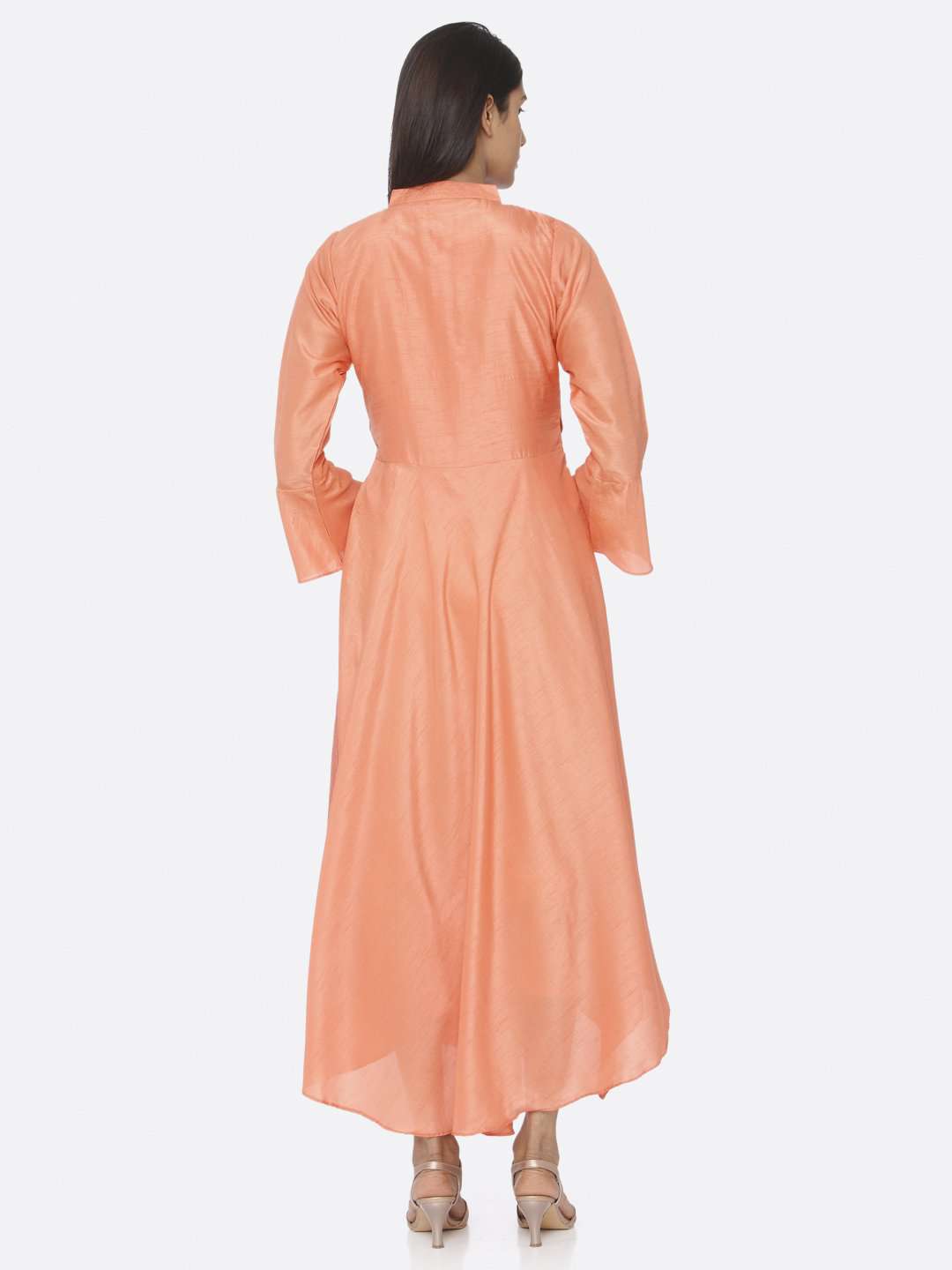 Coral Peach Embroidered Silk A-Line Maxi Dress | Rescue