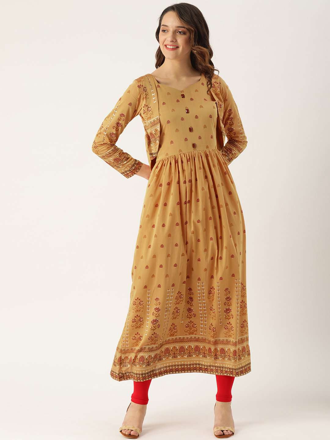 Mustard Printed Chanderi A-Line Jacket Style Dress | Rescue