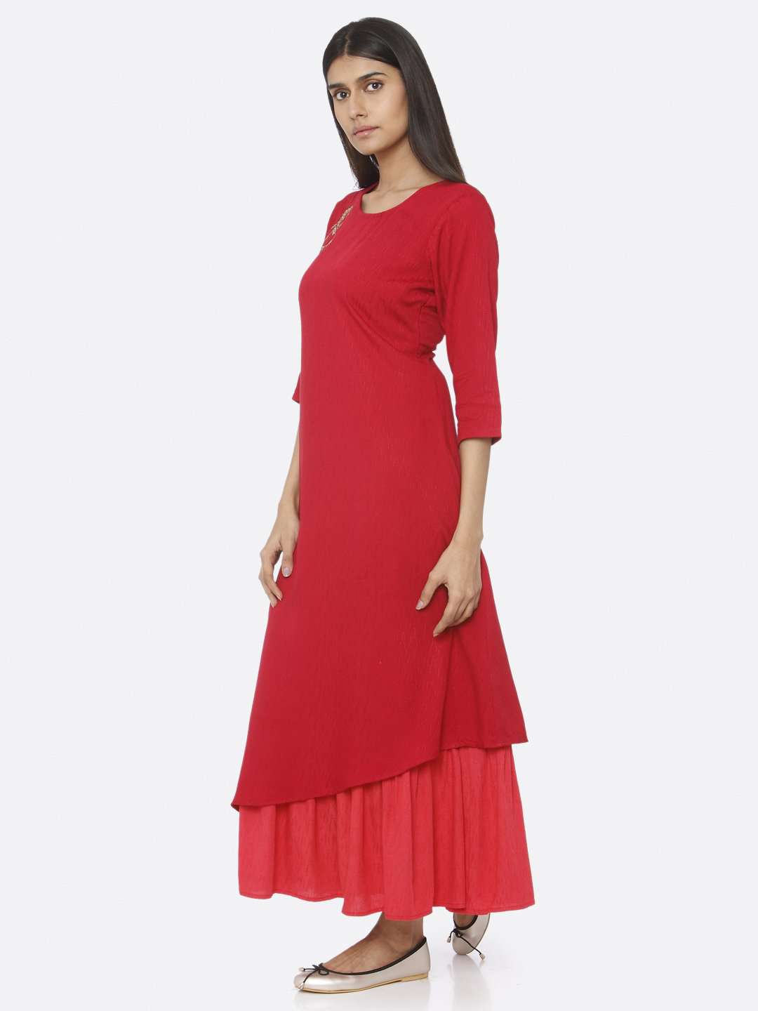 Red Embellished Viscose Liva A-Line Maxi Dress