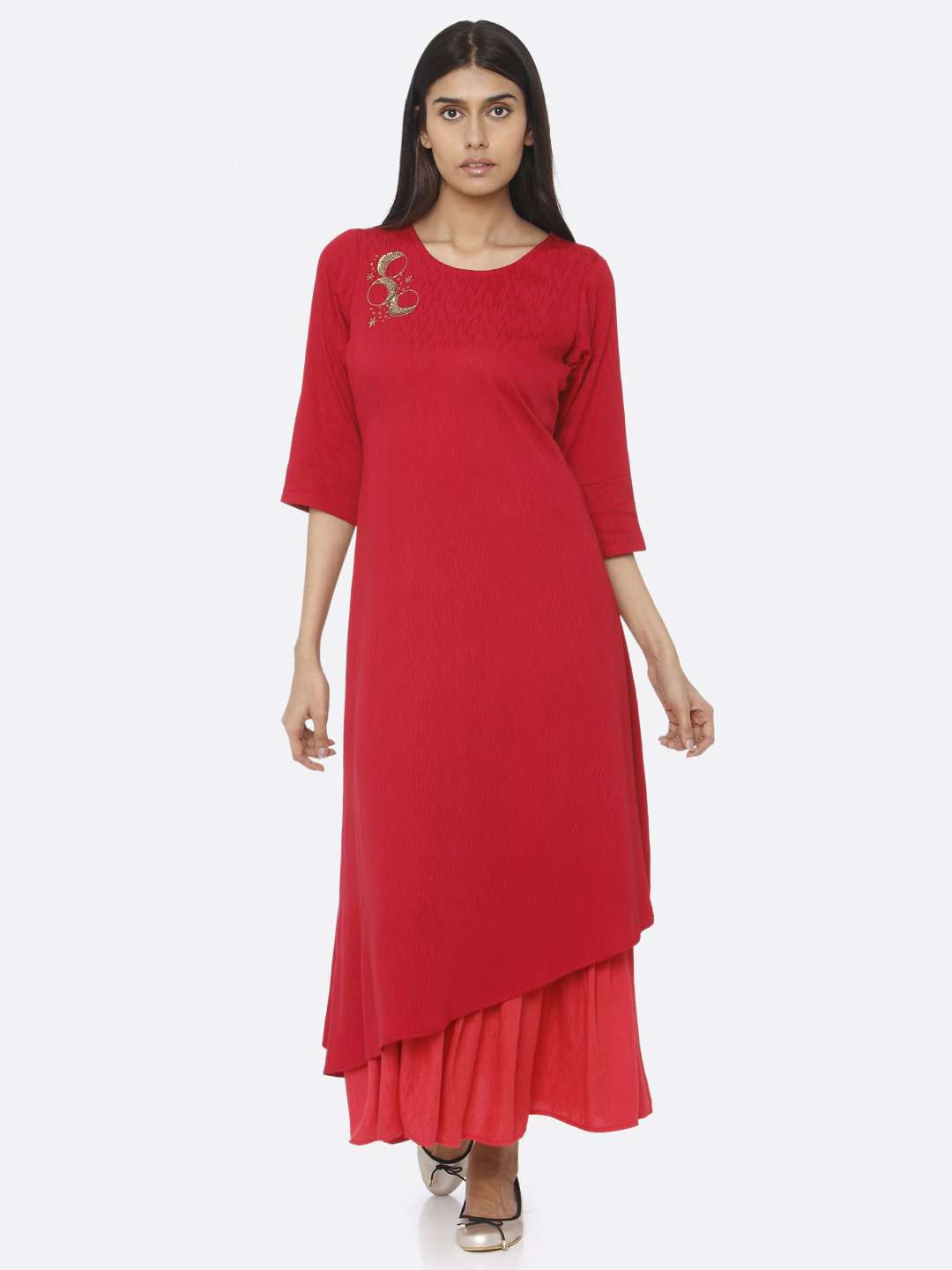 Red Embellished Viscose Liva A-Line Maxi Dress