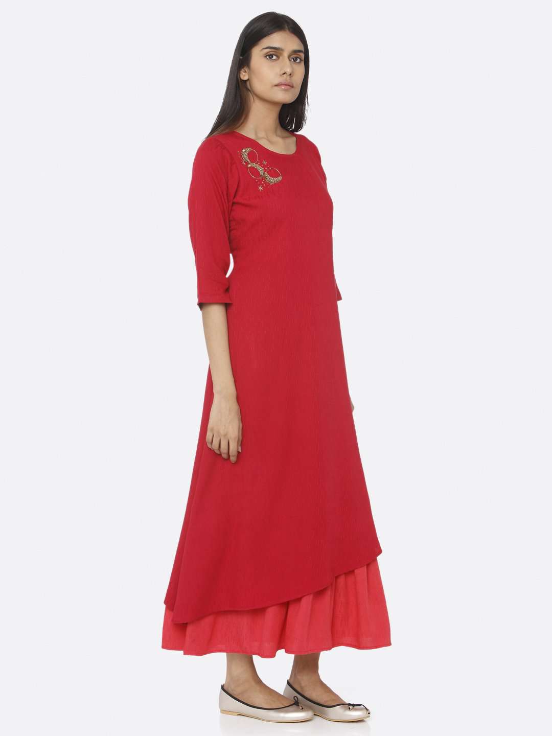 Red Embellished Viscose Liva A-Line Maxi Dress