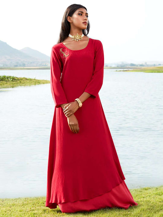 Red Embellished Viscose Liva A-Line Maxi Dress