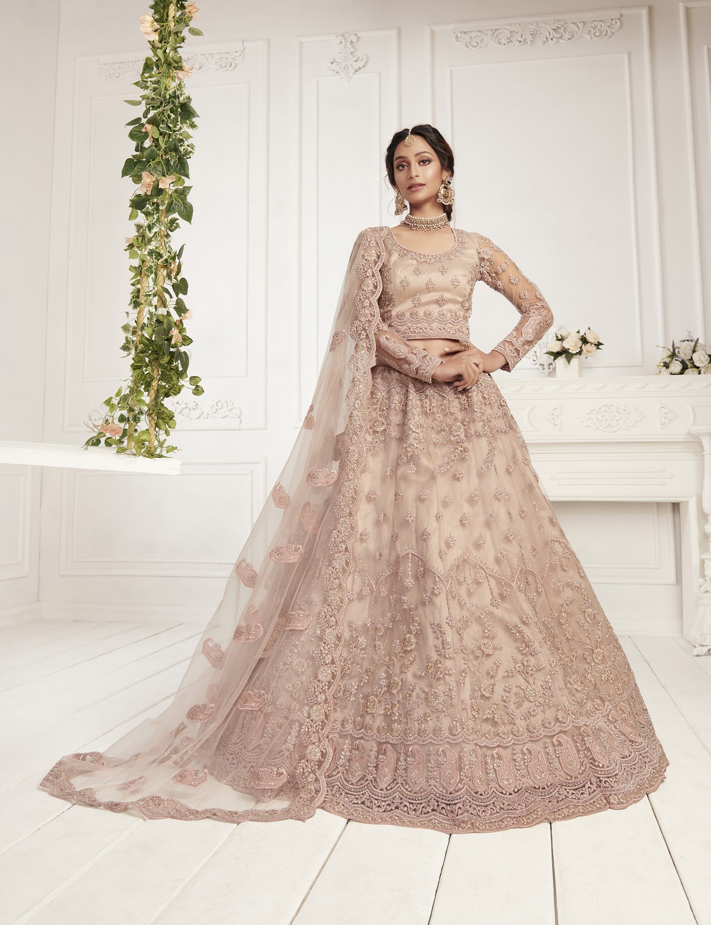 Mauve Heavy Embroidery with Pearls Net Bridesmaid Lehenga