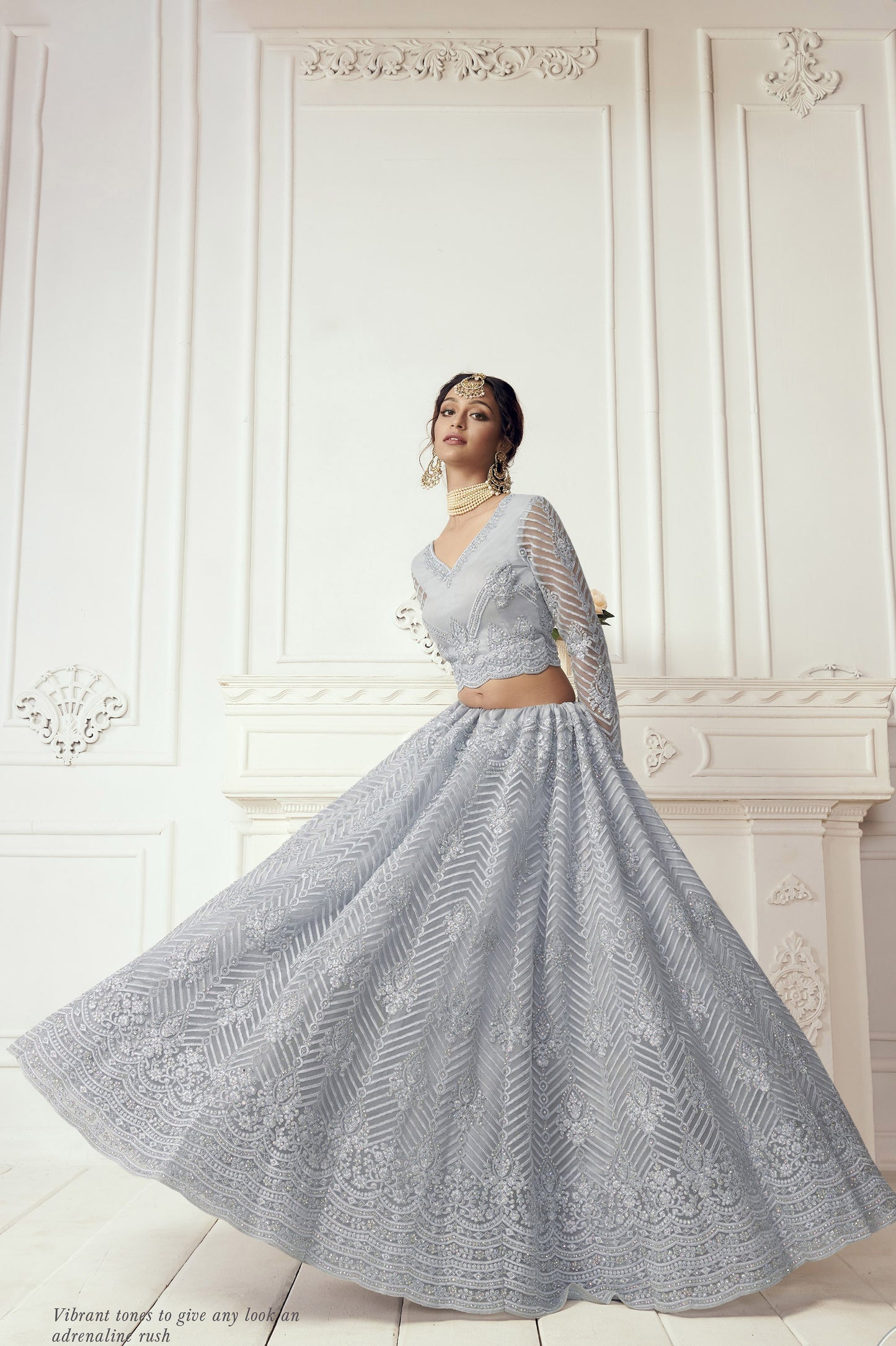 Sky Blue Heavy Embroidery with Pearls Net Bridesmaid Lehenga